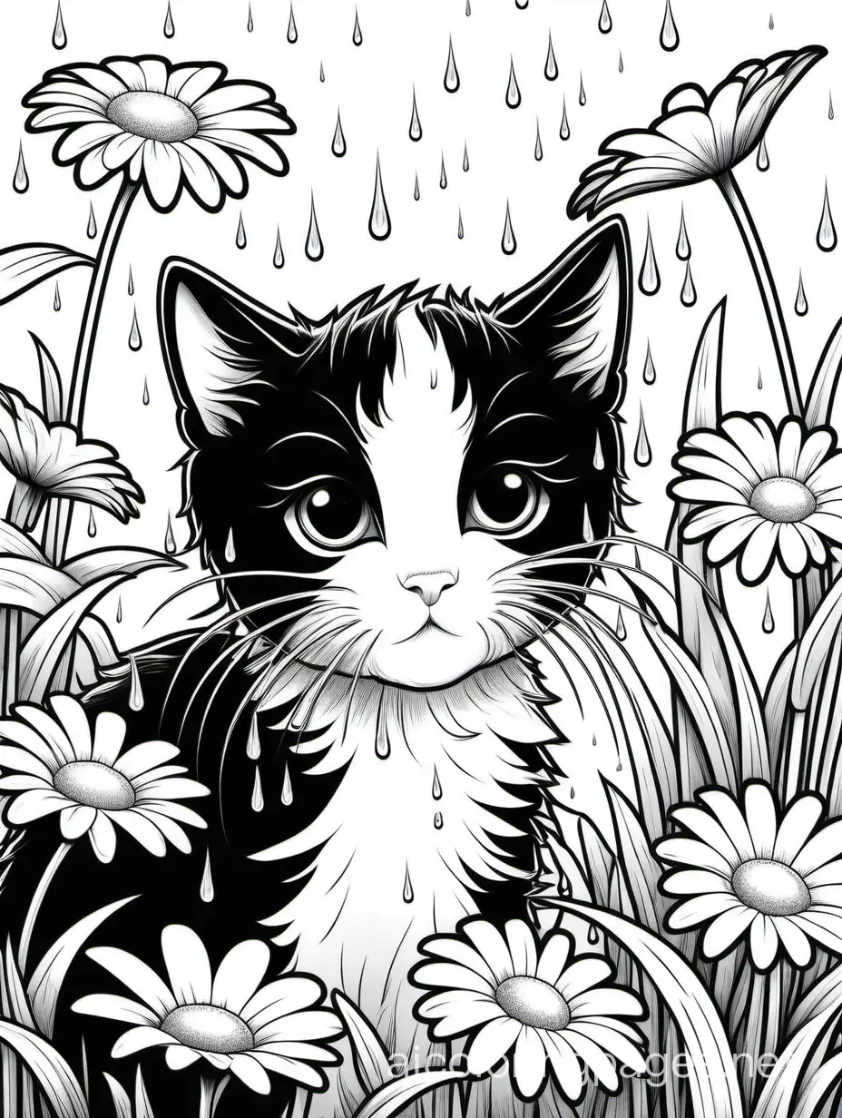 TUXEDO CAT KITTEN HIDING UNDER A GERBE DAISY IN A RAINSTORM, Coloring Page, black and white, line art, white background, Simplicity, Ample White Space. The background of the coloring page is plain white to make it easy for young children to color within the lines. The outlines of all the subjects are easy to distinguish, making it simple for kids to color without too much difficulty