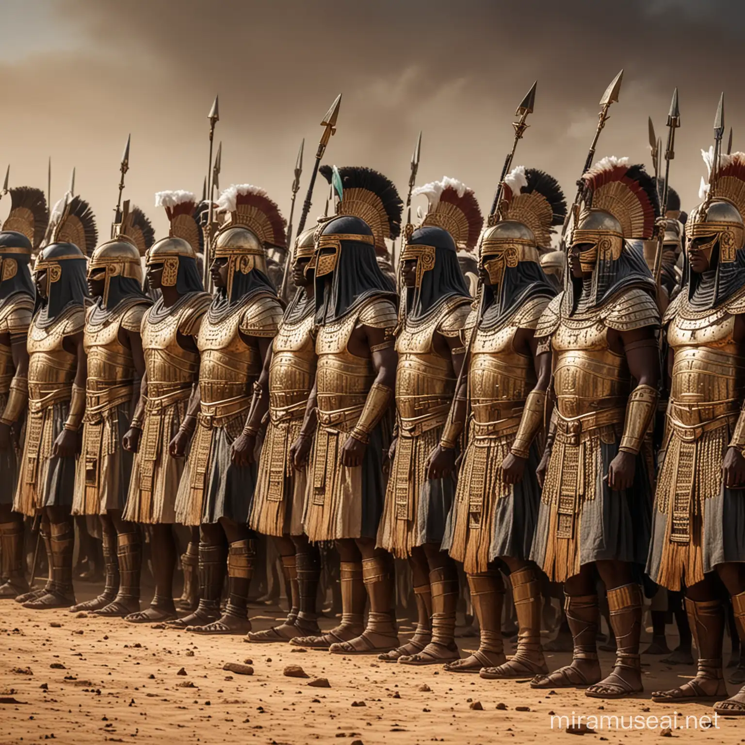 ancient egyptian warriors in battle armor, face to face with ancient african warriors in battle armor, line of warriors ready for war