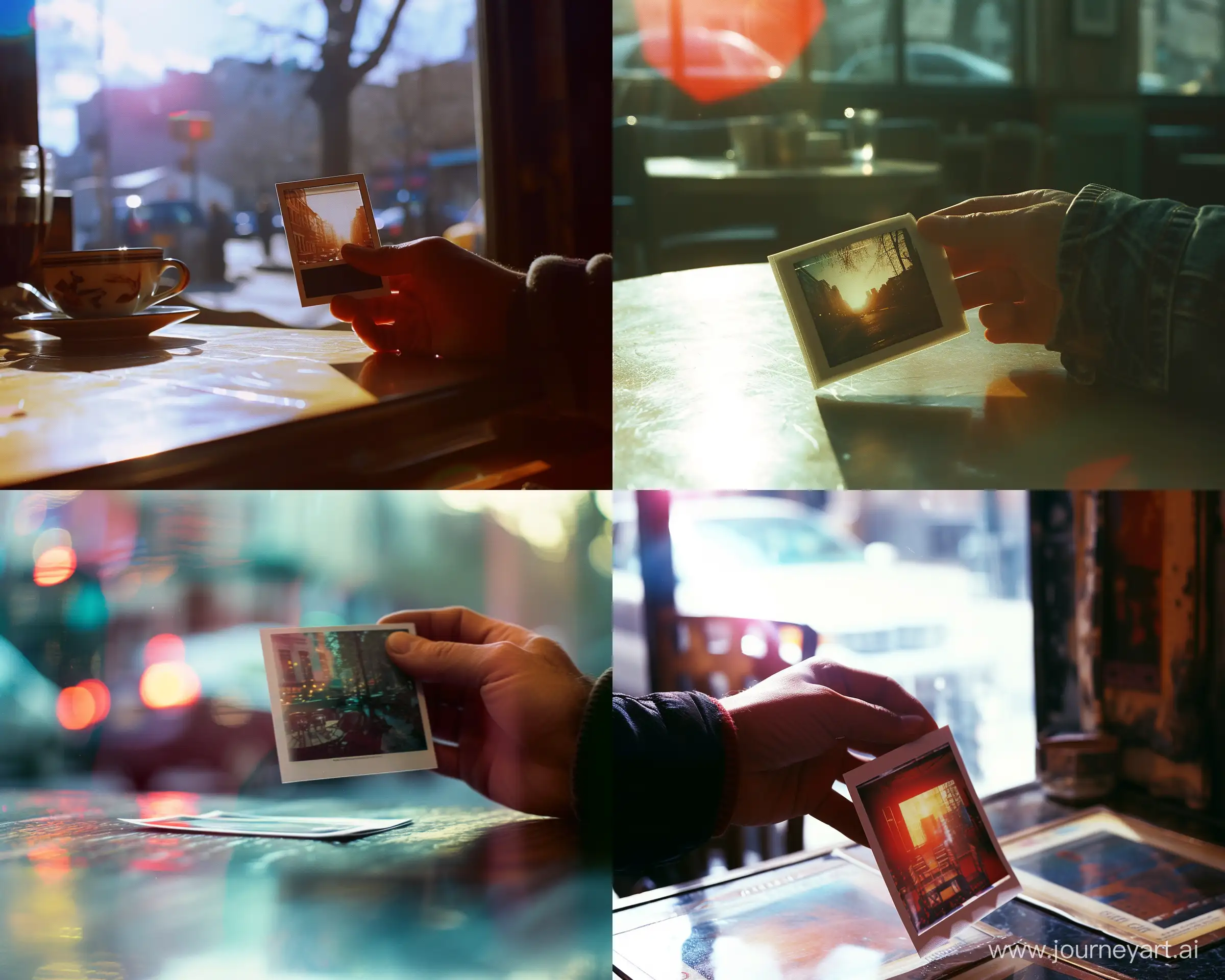 screengrab of men's hand that holding printed photograph image over the cafe table in 1997, film 90s photograph filmic, disposable camera, lens flare, motion blur, polaroid, soft focus, bokeh, movie cinematographic, grainy, filmic 16mm ,footage polaroid 90's new york, --ar 5:4 --v 6