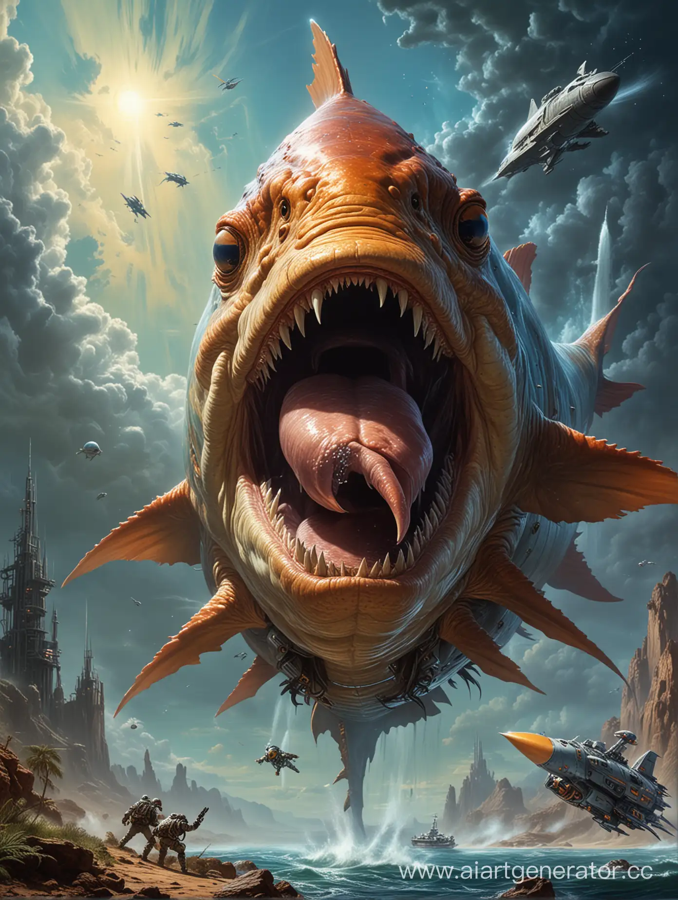 A huge fish-like creature is in the background, on the left side. It is swallowing a spaceship. The image is painted in the style of Boris Vallejo's paintings, with photorealistic HDR and natural lighting.