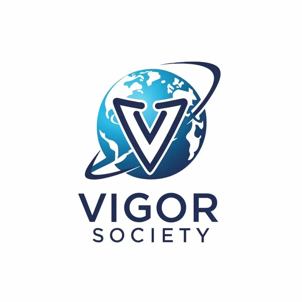 a logo design,with the text "Vigor Society", main symbol:a blue earth, and in front of it is a V-shape. The main color is blue,complex,be used in Medical Dental industry,clear background