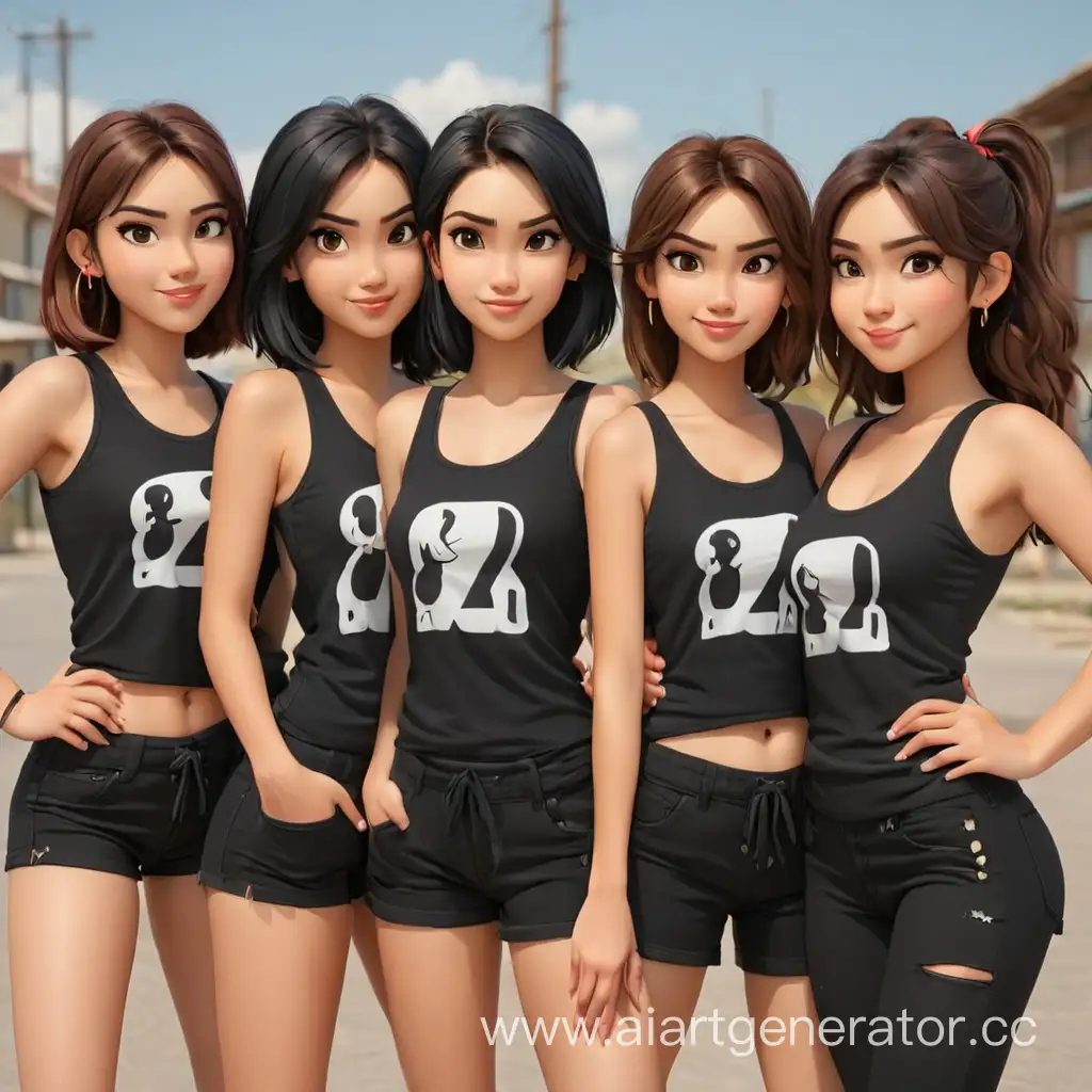 Group-of-Cartoon-Girls-Gesturing-Cool-Sign-in-Black-Tank-Tops
