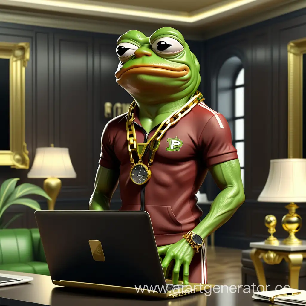 Лягушонок Пепе стоит посреди дорогой комнаты, он в спортивном костюме, в руках у него ноутбук, на шее у него висят золотые цепи, а на руках у него золотые дорогие часы.