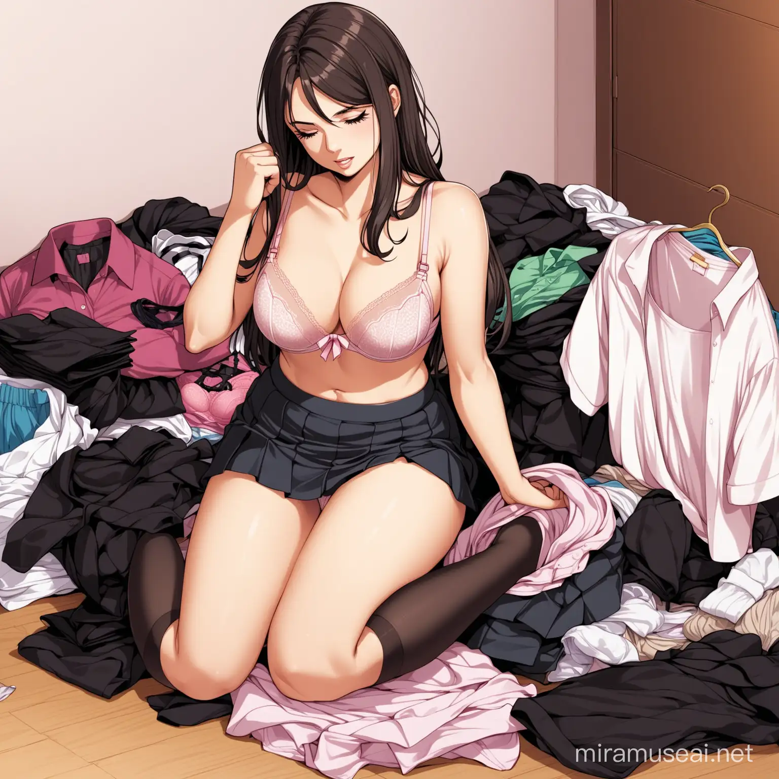 Woman Undressing in Pile of Discarded Clothes