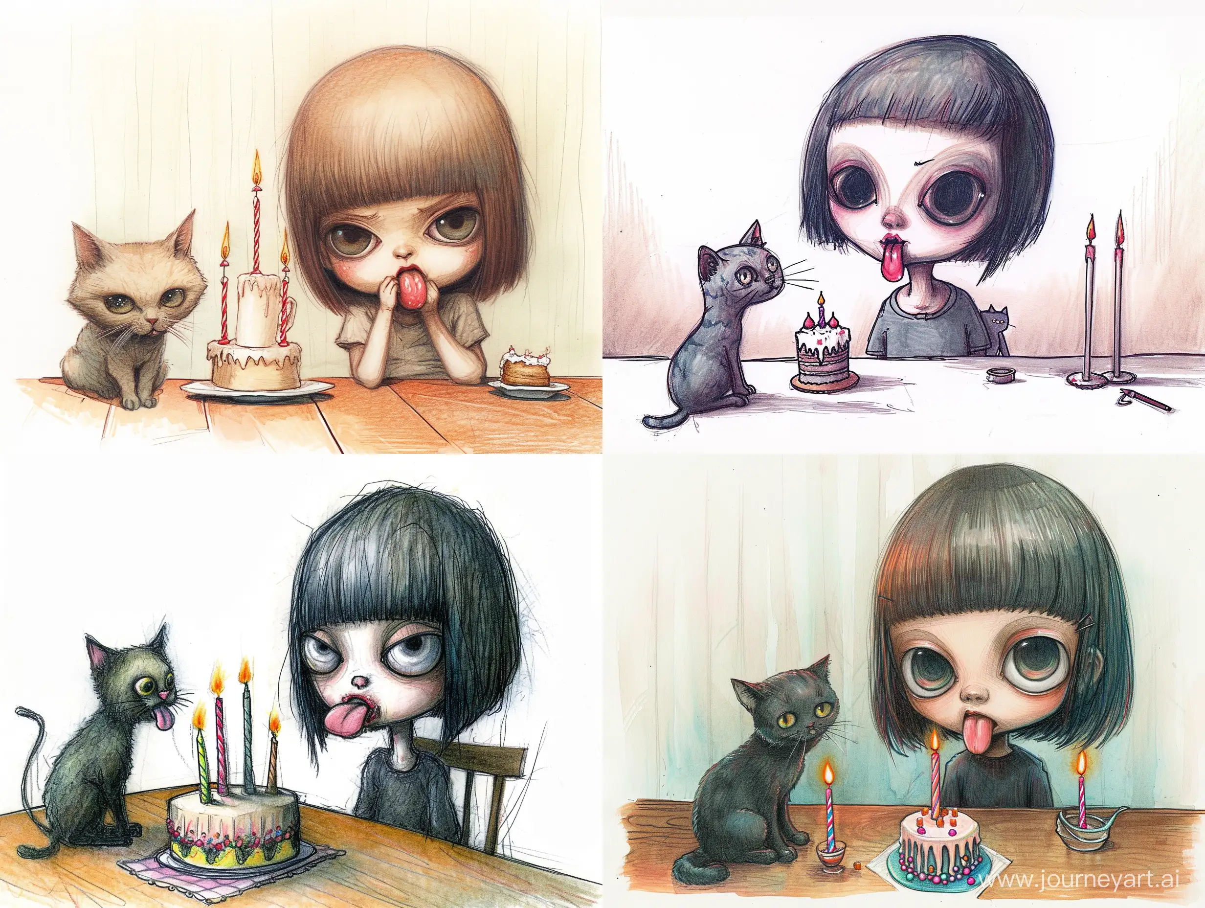 Playful-Gothic-Girl-Celebrating-Birthday-with-Creepy-Cake-and-Cat