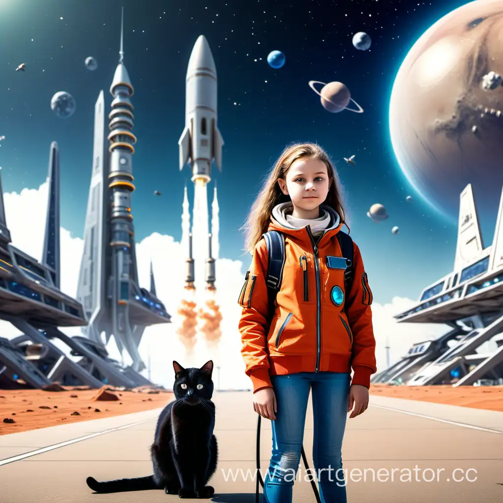 A 12-year-old girl, against the background of the spaceport with a cat. She got lost. The future, cyberbank.