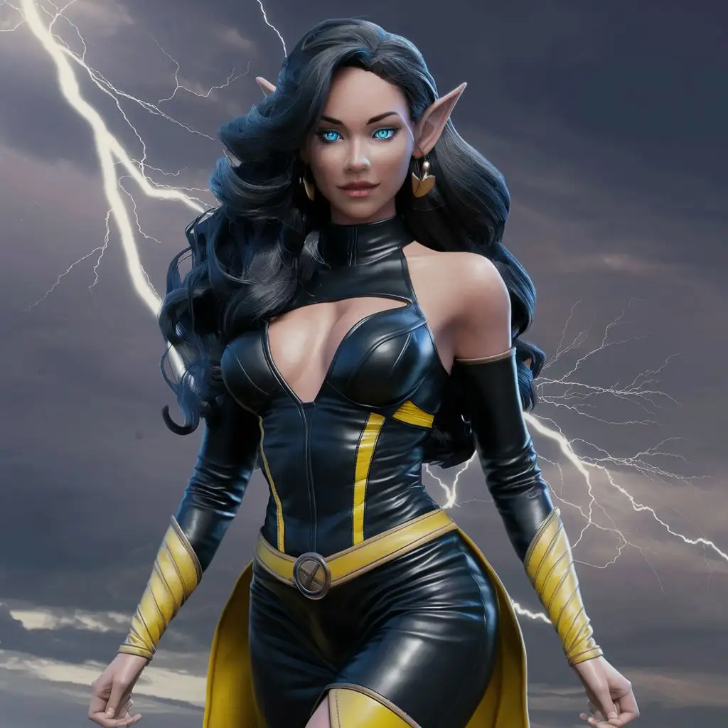 female, elf, sea blue eyes, long dark hair, curvy, dressed as storm from x-men, black and yellow leathers
