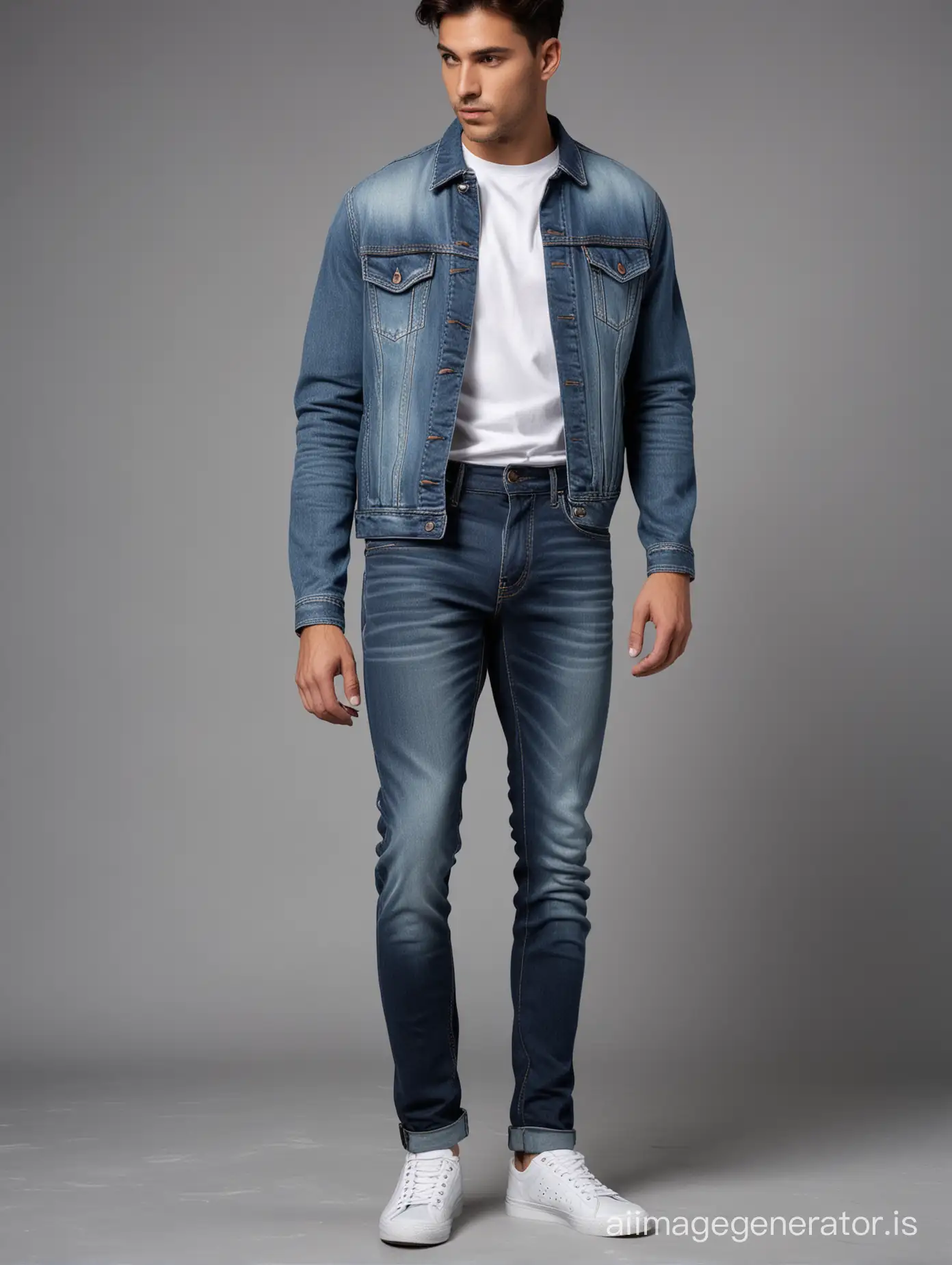 Create an image of a man wearing a denim Dark Blue color jeans with acid wash light effect and smooth fabric texture having contrast stitching with  trouser look straight crease with Dutch angle look.