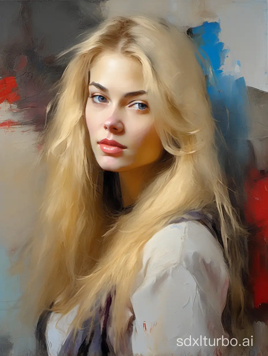 Portrait Oil painting of a beautiful blond Russian woman, 20 years old, with a with a serene look, in Nikolai Fechin style, Pino Daeni, Vladimir Volegov, Alberto Seveso, Rogue. long hair, Detailed background, perfect details, colorful, cute, Perfect face.. Expressive, artistic brush and impasto dabs on canvas texture. Abstract background.