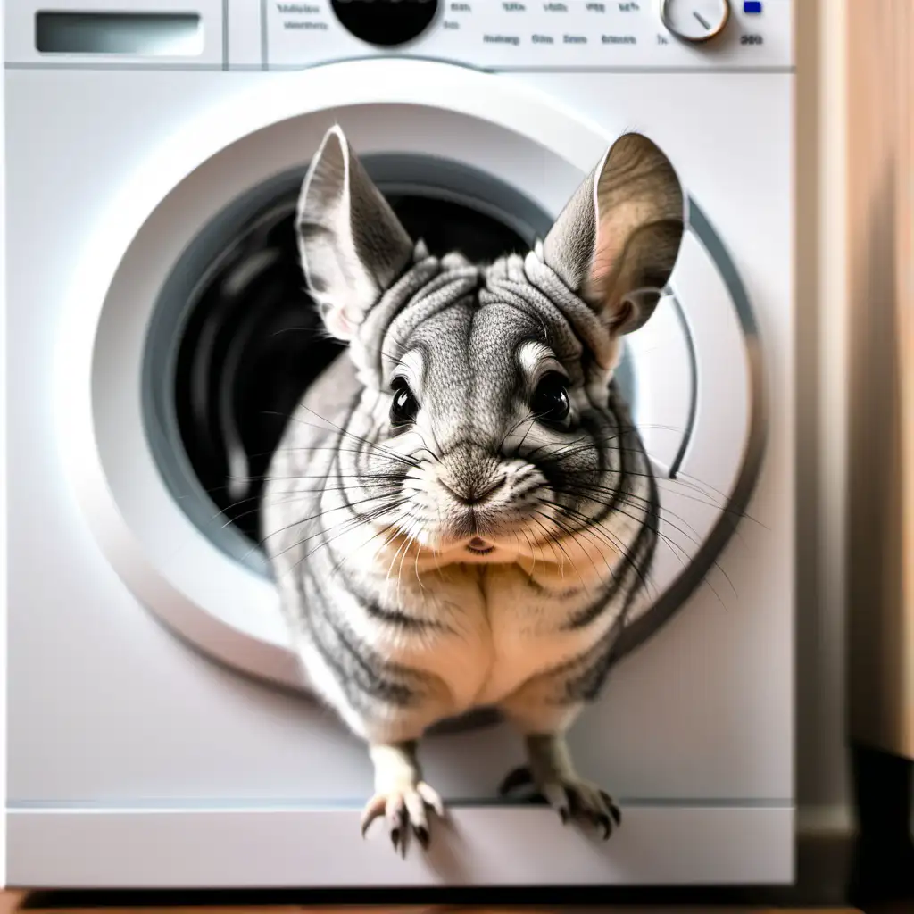 cute chinchilla looking at washing machine
