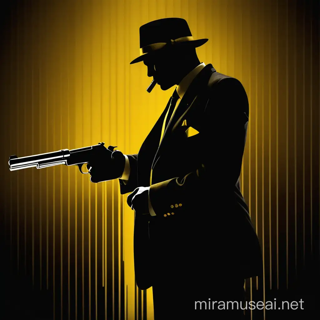 sillouette of a gangster holding a tommy-gun
appreance- noir black and white/ neon gold tommy-gun/ gold tie
background- shooting /twilight/ factory