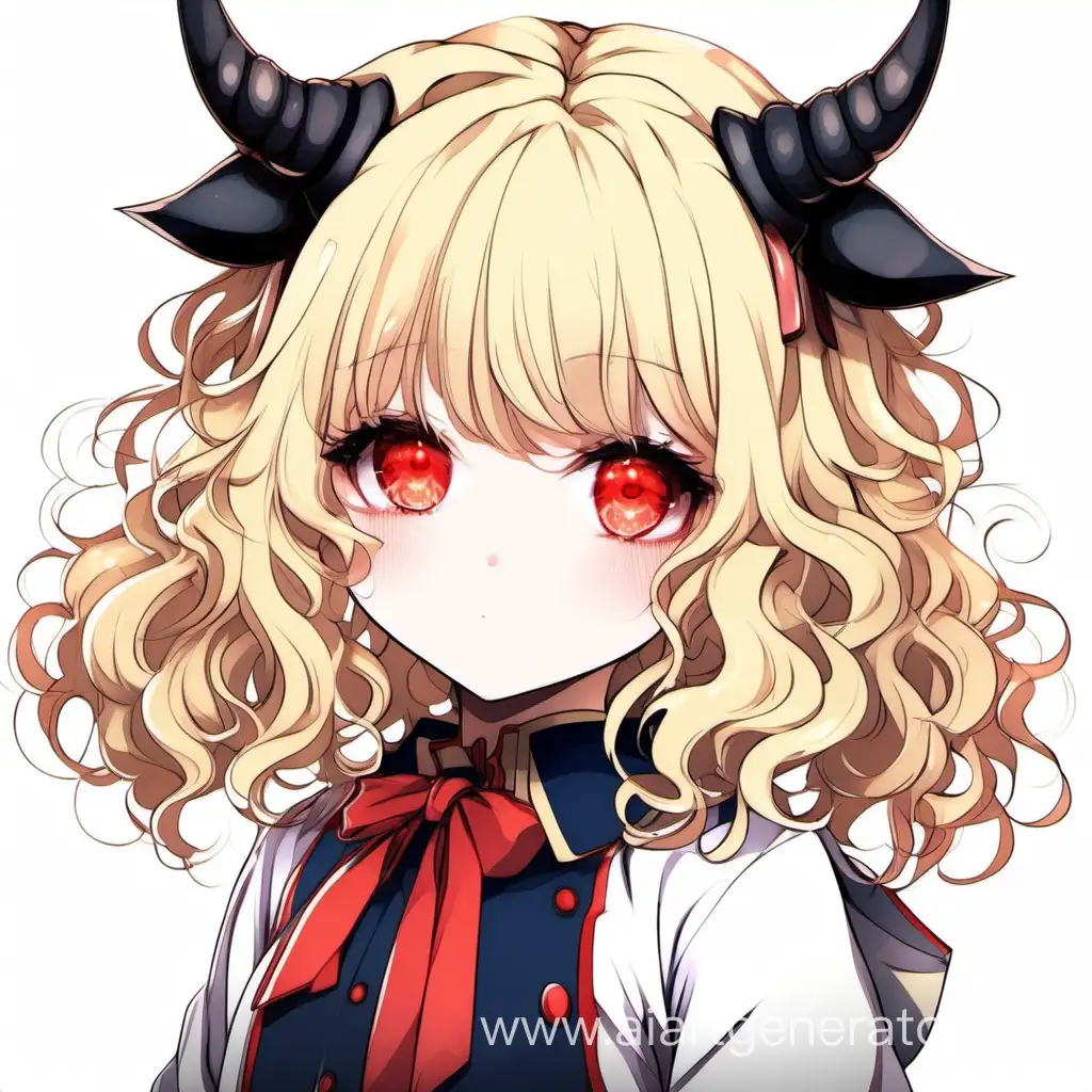 Cute girl, anime style, blonde, red eyes, curly bob hair, curled little horns on her head.