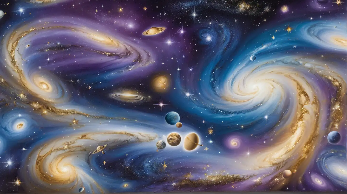 Capture the essence of the cosmos with a celestial mural on a white wall, where swirling galaxies and shimmering stars mingle in a cosmic dance of deep purples, rich blues, and glittering golds, transporting viewers to the far reaches of the universe.