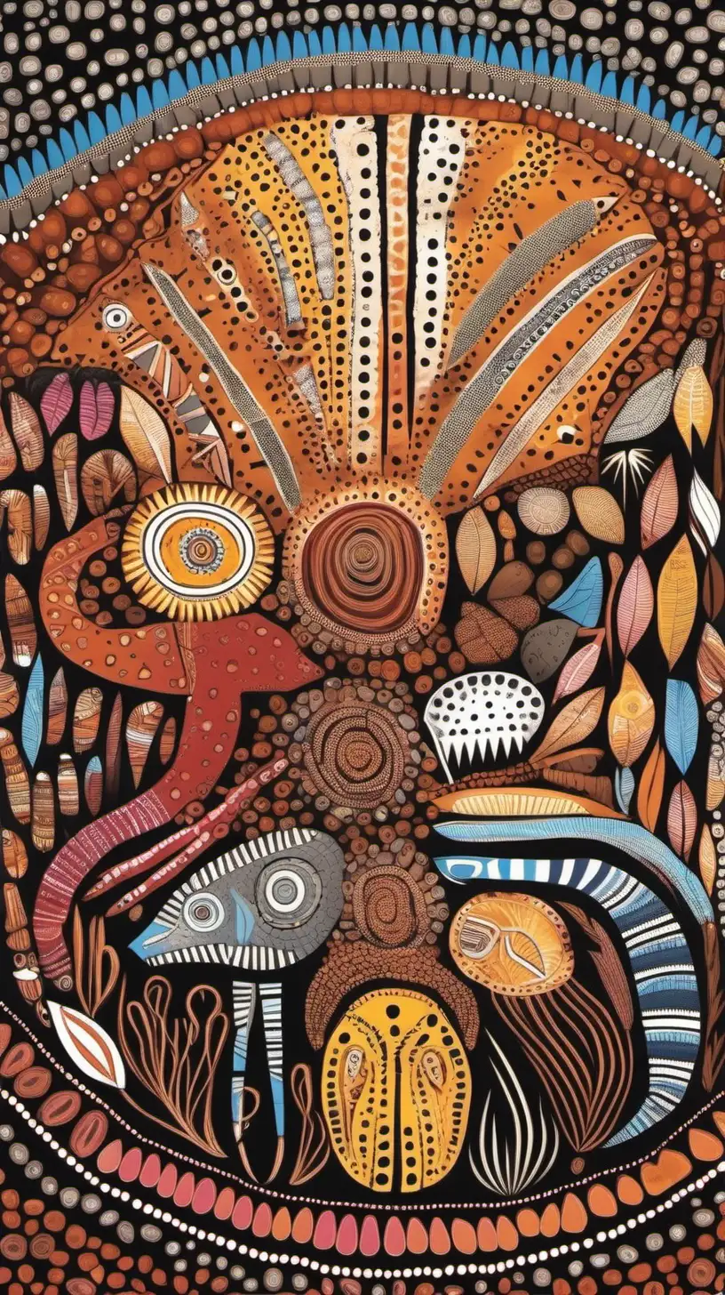 create a modern aboriginal
point art with some animals in earthy colors including pink, blue, orange, yellow, maroon, brown, black, grey and white