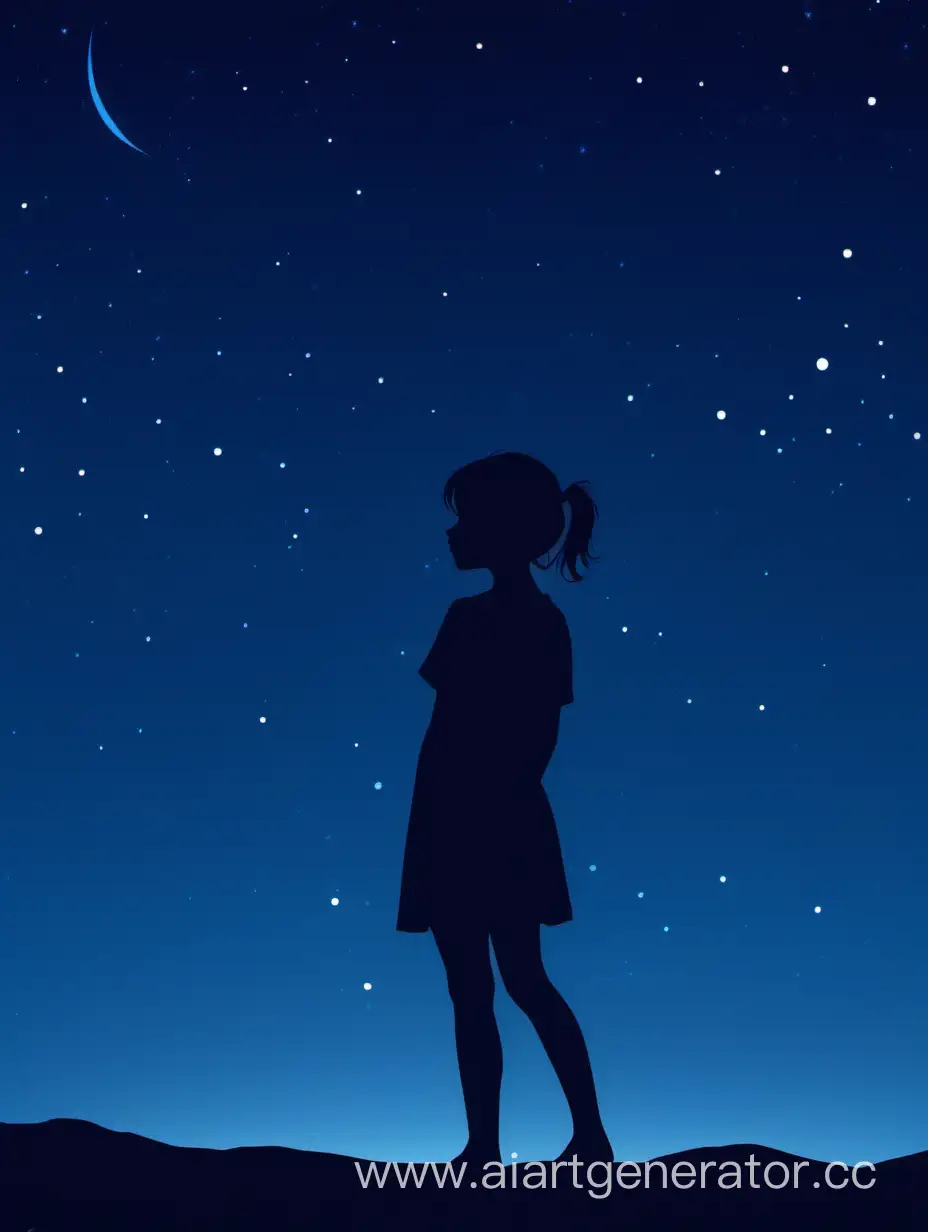 Силуэт девушки, смотрящей влево, на фоне ночного неба, на небе видны звезды, все в синем оттенке