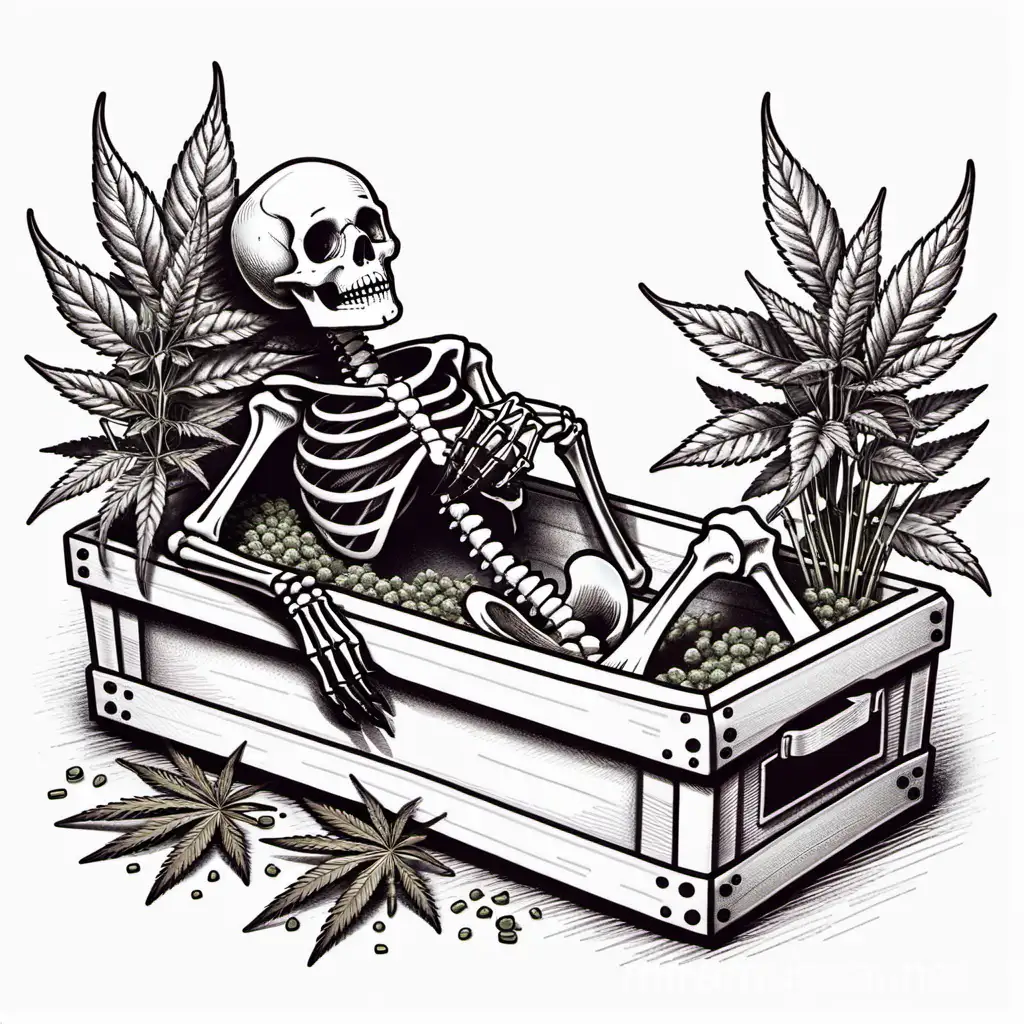 Drawing of a skeleton laying down in his coffin holding pots of marijuana plants, Sketch, Line art, Drawing, 