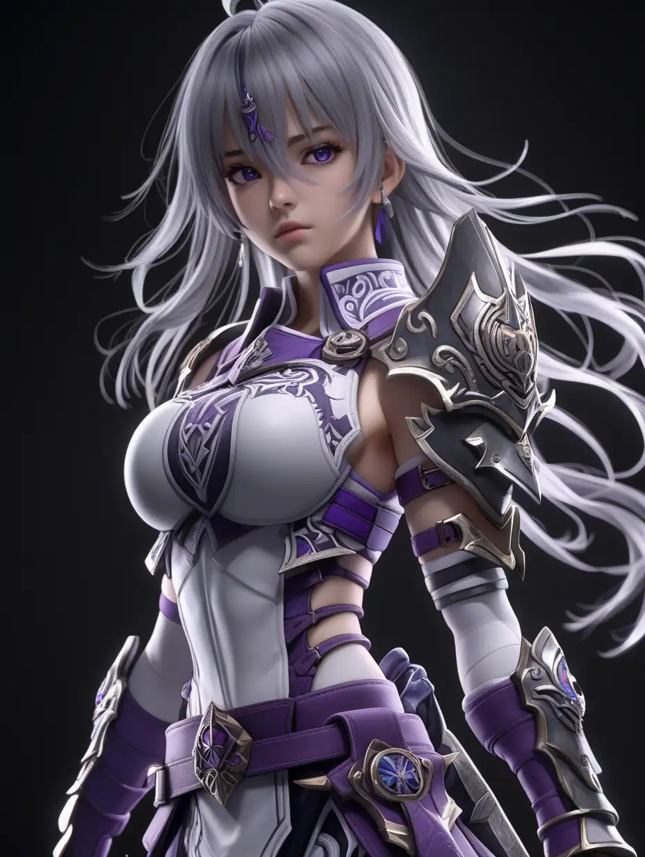 (cinematic lighting), An anime beautiful girl warrior, Envision her clad in practical yet elegant white and purple trim warrior attire, wear boots, greyish hair, Her eyes reflect a mix of determination and vigilance, no weapon in the photo, black background at the back, full body photo, angle from below, intricate details, detailed face, detailed eyes, hyper realistic photography,--v 5, unreal engine