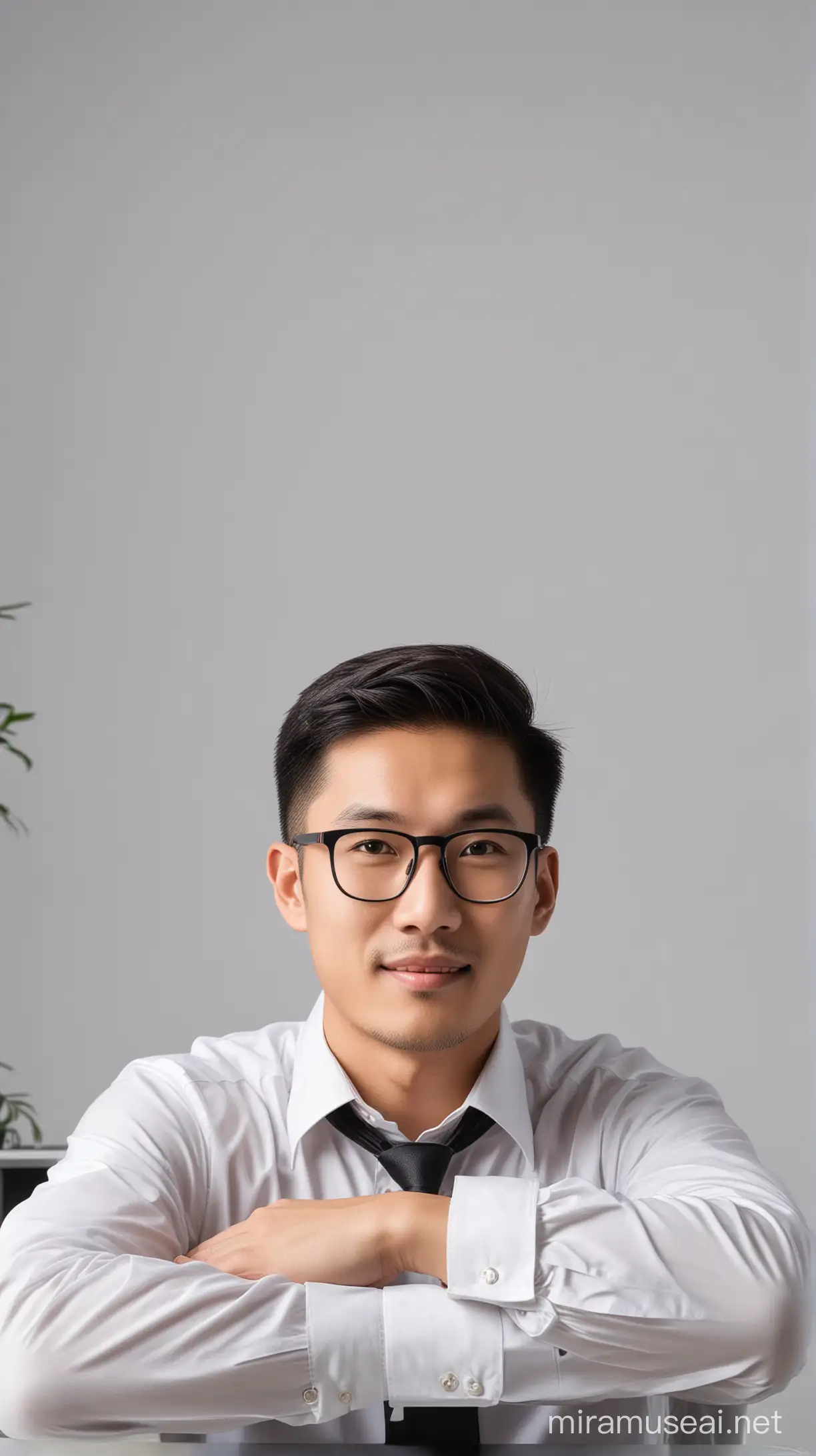 young man, asian, teacher, background in office
