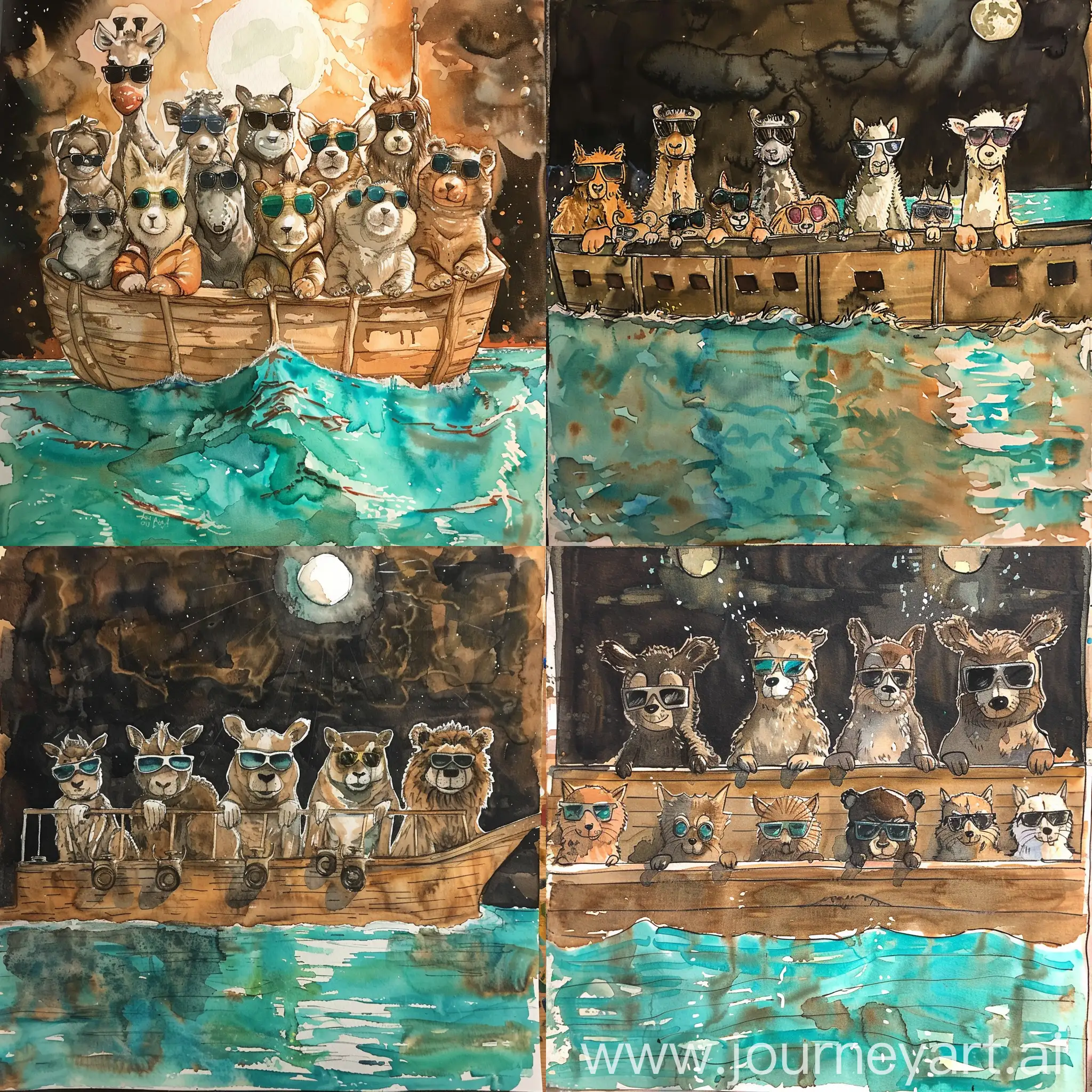 Make a water color painting of Noah's ark on a yacht. All the animals are wearing sunglasses. The water is turqouise. The water is brown and it is late at night. Only lit by moon light