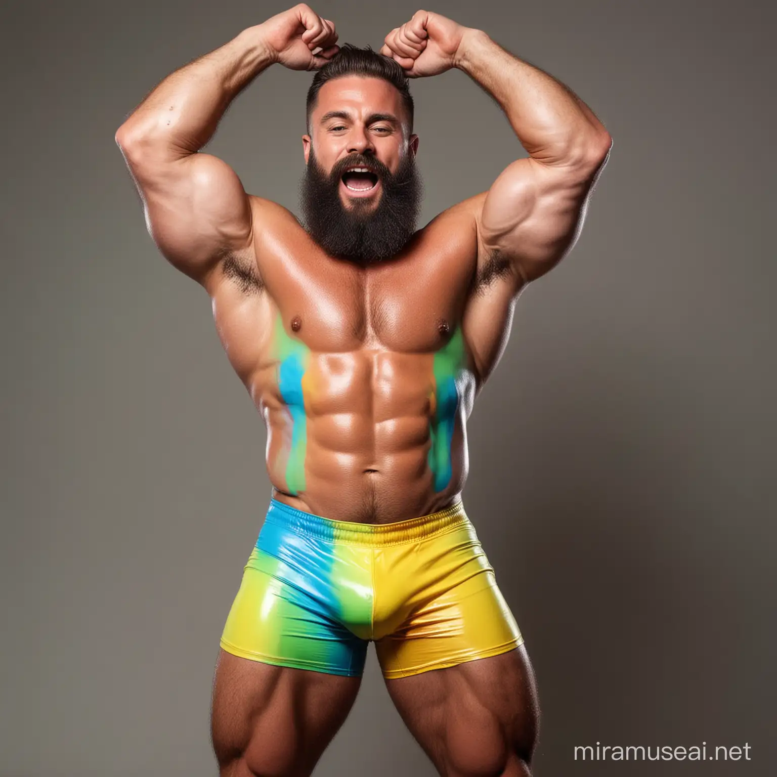 Muscular Bodybuilder Flexing Under RainbowColored GlowintheDark Paints