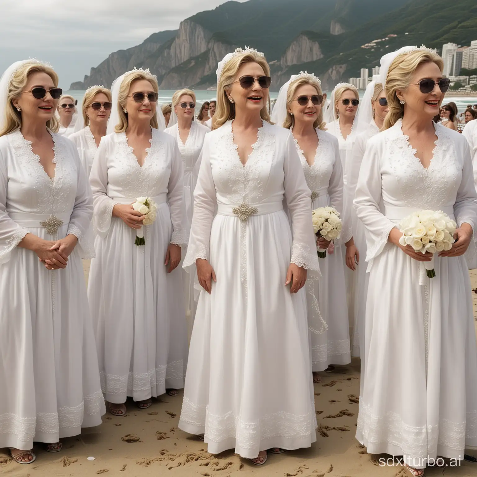 Multidão de Hillary Clinton e suas clones vestidas de noivas discutindo juntas na praia de Copacabana e pessoas olhando