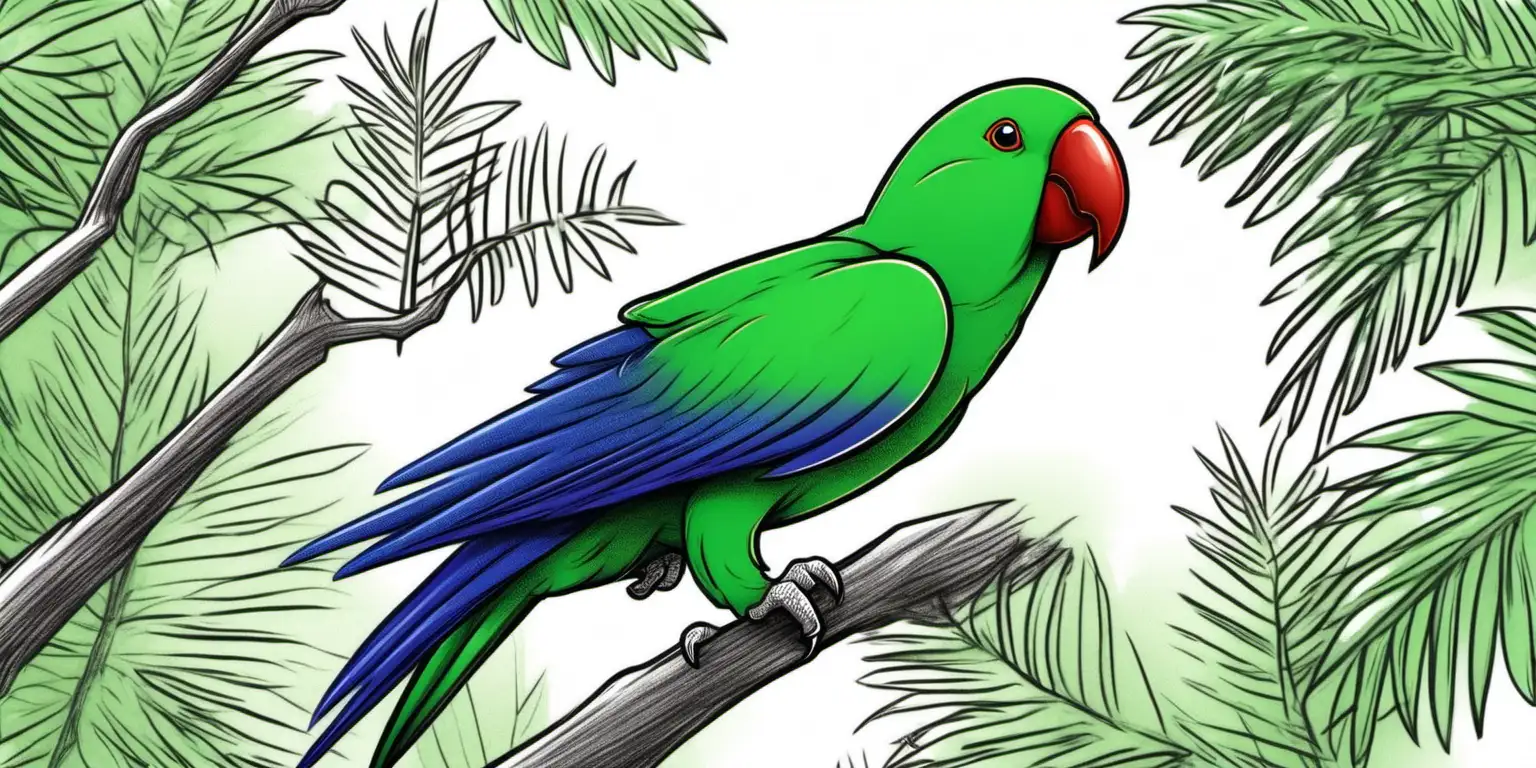 Cartoon Male Eclectus Parrot Perched in Vibrant Treetops