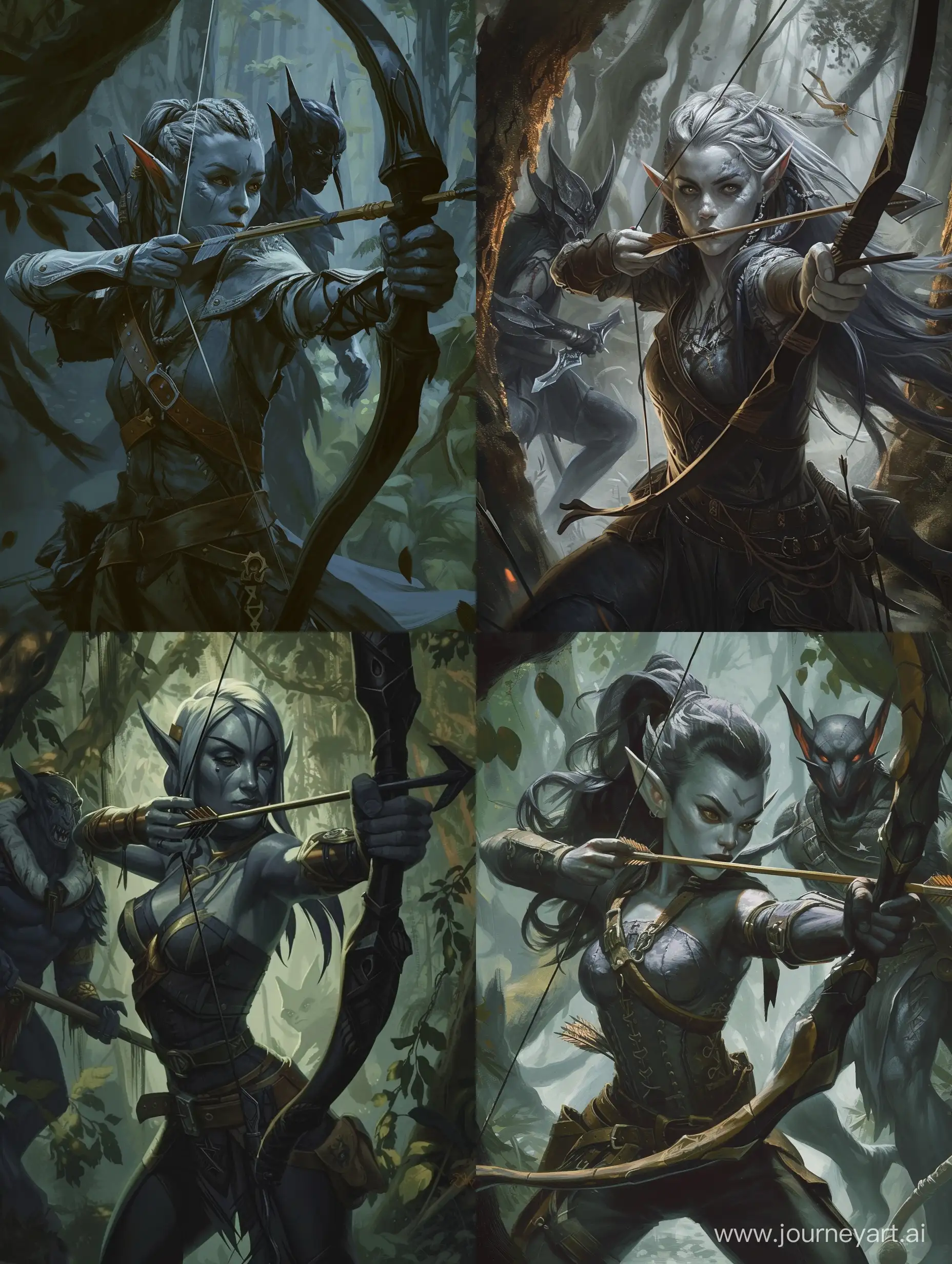 the painting is made in the anime style of the 90s, the painting is made in anime style, the painting depicts a half-elf, a half-elf has a gray-black skin color, a half-elf holds a hunting bow in her hands, a half-elf has a dagger in a sheath on her belt, a half-elf is in a dark forest, near a half-elf is a supreme dark elf with a saber.