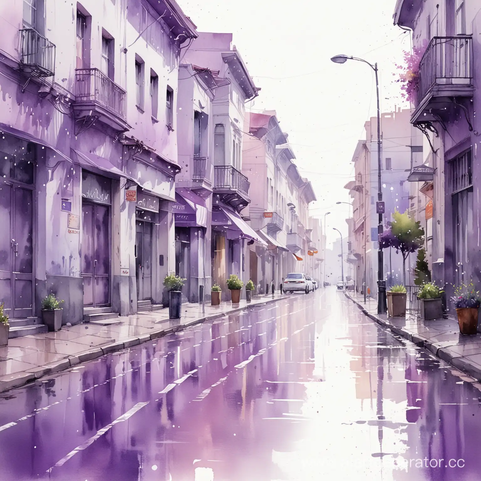  panorama city street, airy watercolor, summer rain,  purple delicate shades, transparent watercolor, white background is visible in places under the strokes