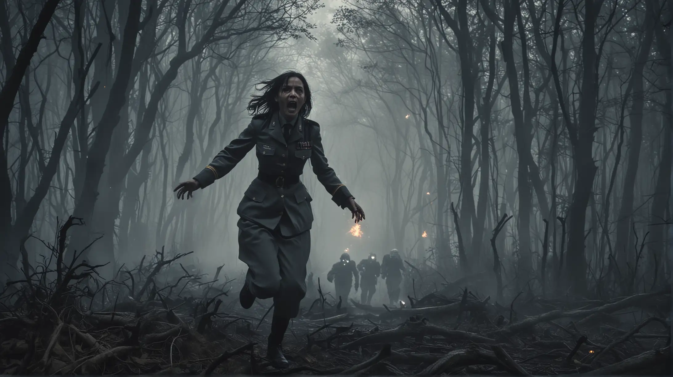 przez stary las biegnie przerażona kobieta mundurze, wyje, za nią biegną demony, dżiny i golemy, noc, dym, atmosfera horroru
