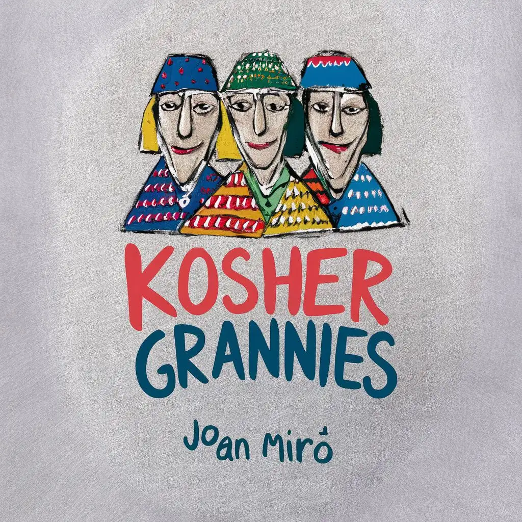 logo, Jewish grannies with Jewish headcovers, Joan Miró, with the text "Kosher Grannies", on white clean background, typography