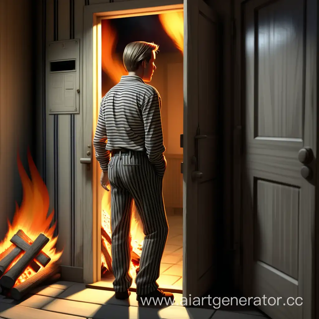 Заключённый в полосатой рубашке и штанах смотрит на дверь в которой горит костер