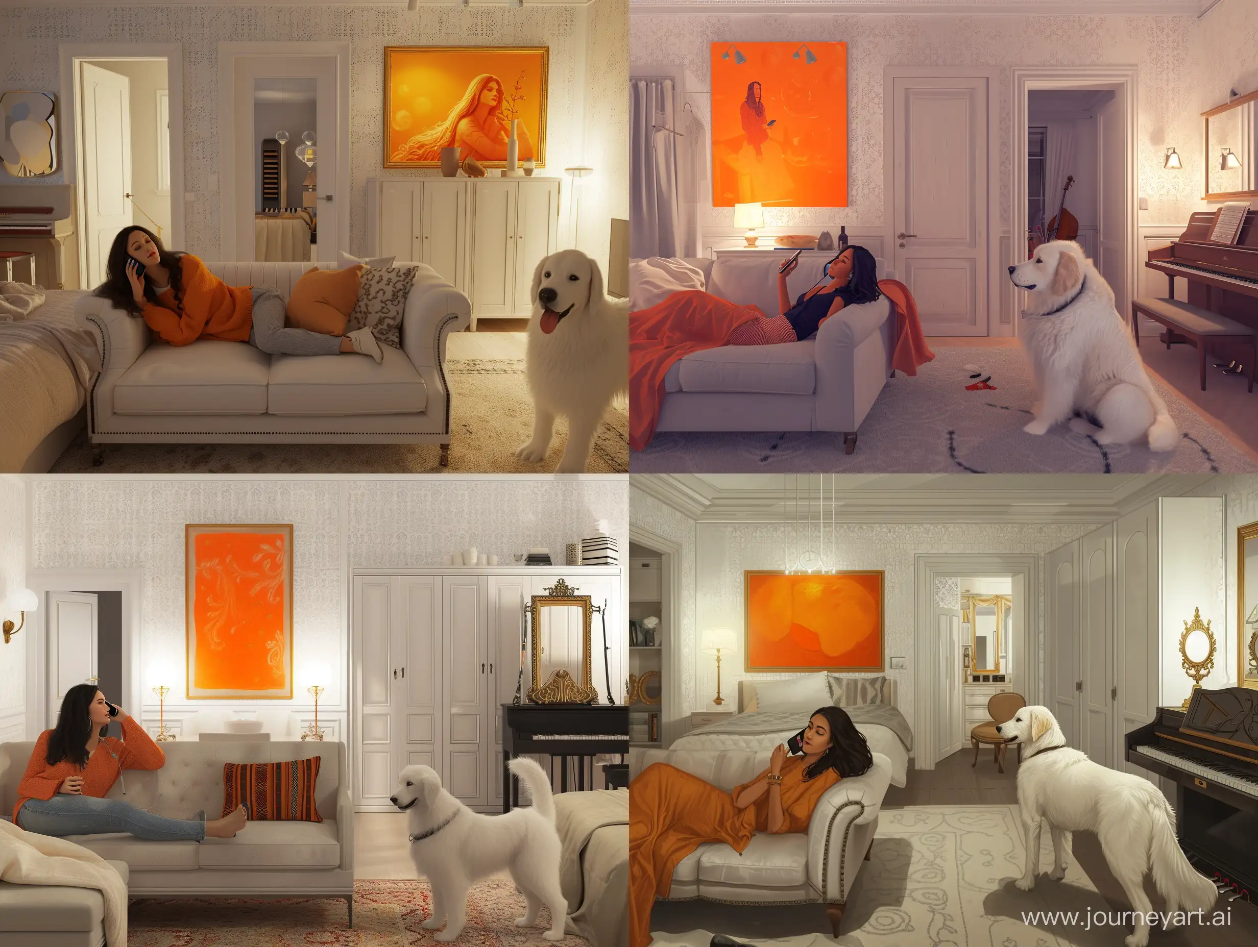 Evening-Scene-with-Woman-on-Sofa-Piano-and-Golden-Retriever-in-White-Room