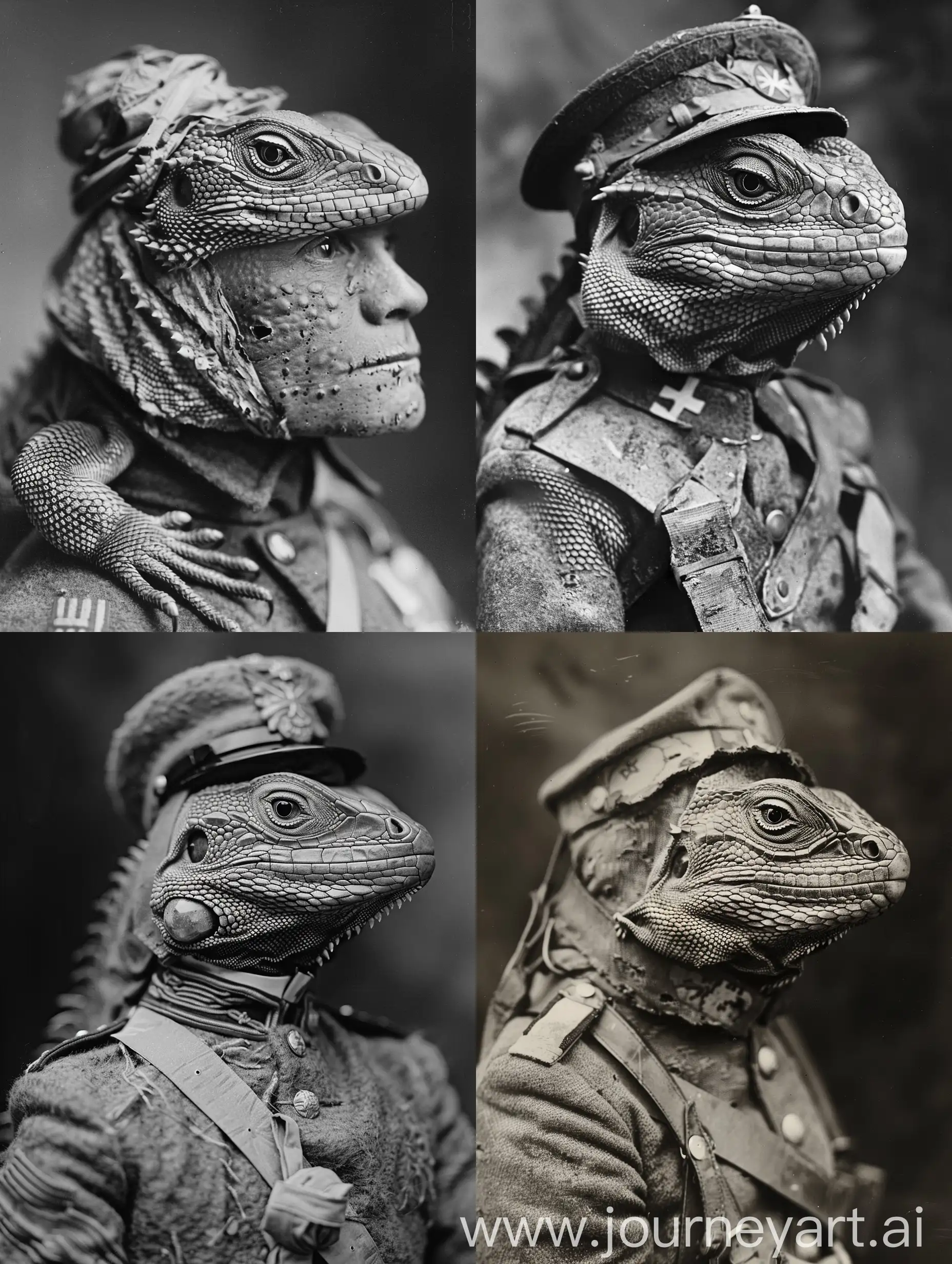 Anthropomorphic lizard in the form of a Prussian soldier of the First World war, portrait black-white photo 