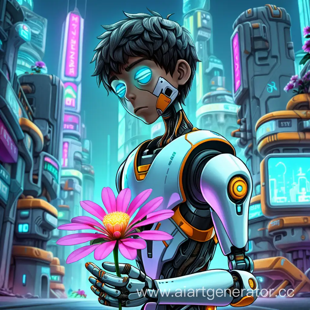 Мальчик робот в маске с грустными глазами держит в руках неоновый цветок в футуристическом городе