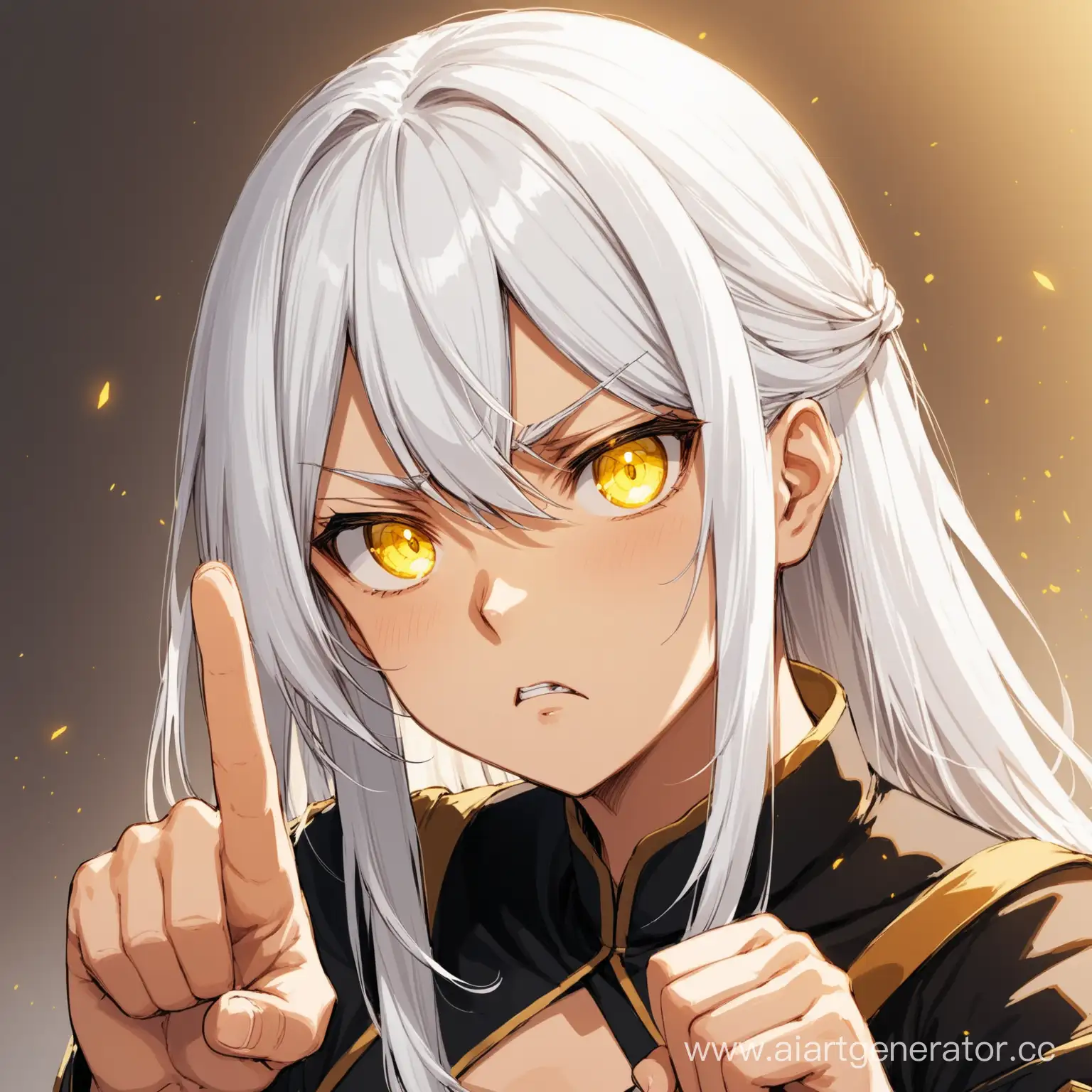 One girl. White hair. Yellow eyes. He raises his finger up. A disgruntled face.