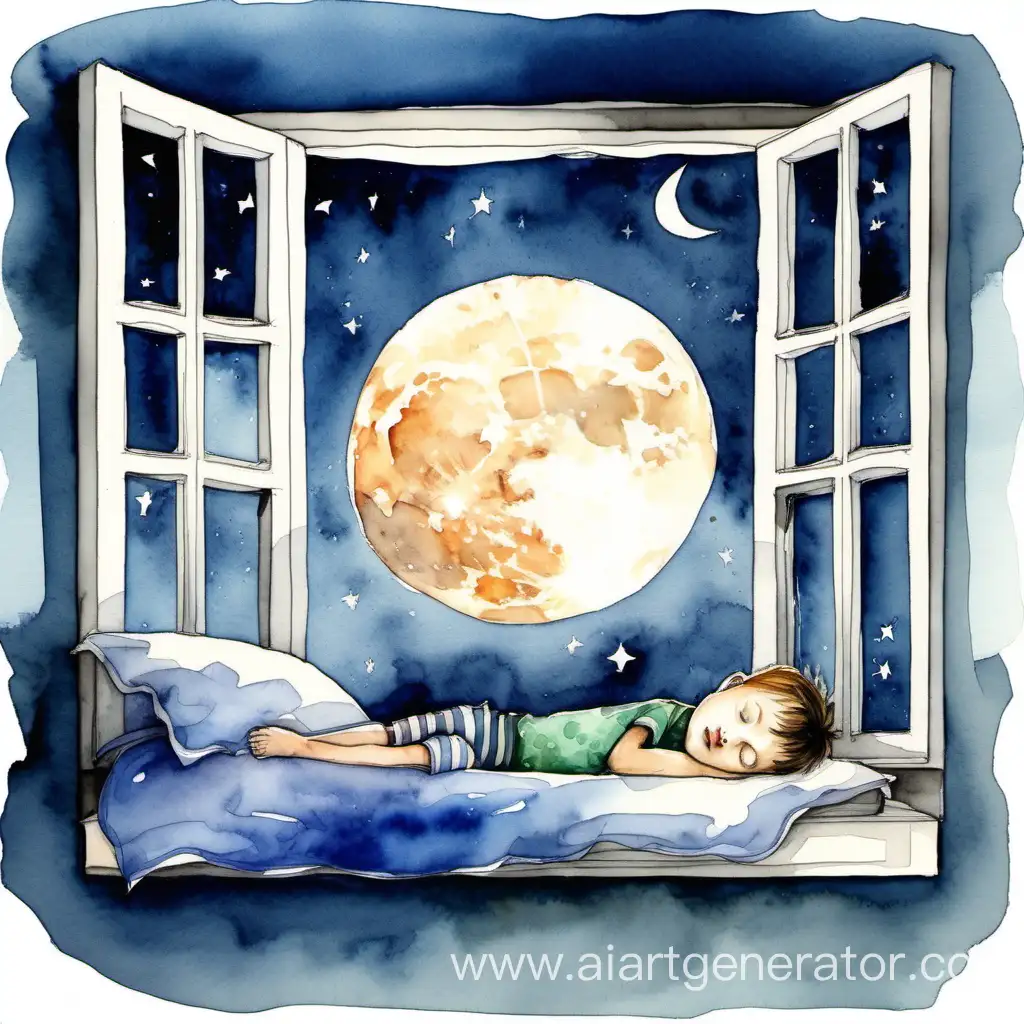 мальчик спит, кровать, окно,  луна, акварельный рисунок