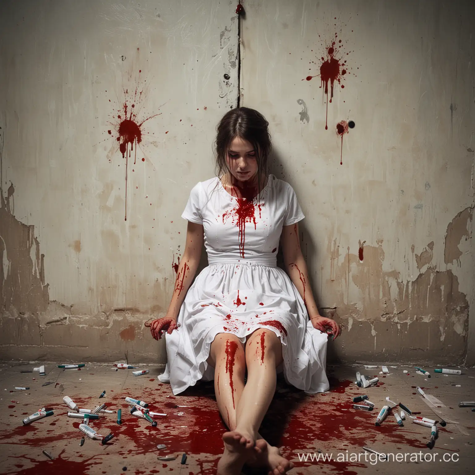 подъезд, окровавленные стены, лежит девушка вся в крови в белом платье и шприцом в руках