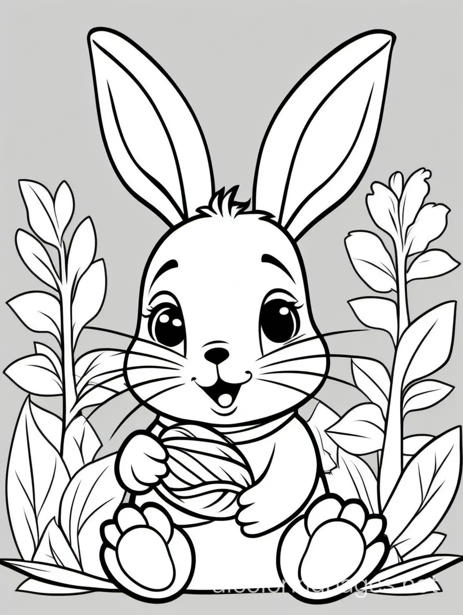 Um coelho adorável segurando uma cenoura e pronto para hoppar+, Coloring Page, black and white, line art, white background, Simplicity, Ample White Space. The background of the coloring page is plain white to make it easy for young children to color within the lines. The outlines of all the subjects are easy to distinguish, making it simple for kids to color without too much difficulty
