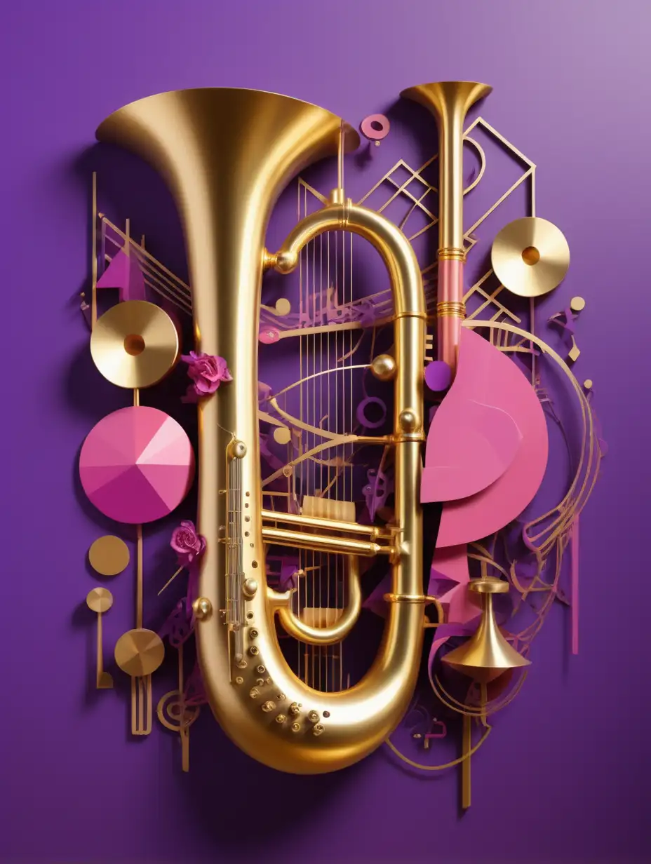 organic and mechanical art with gold wood musical instrument, in a geometric and abstract shapes purple pink background