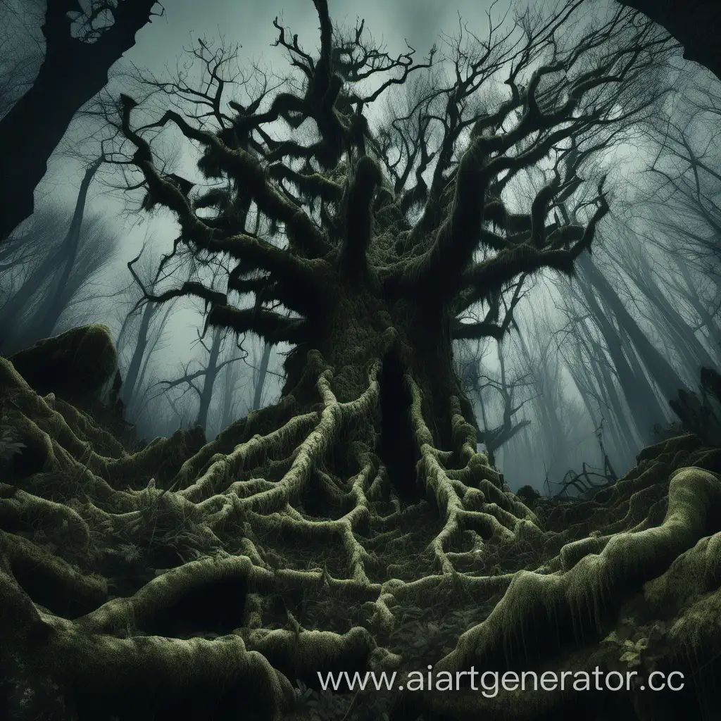 Гигантский живой злобный древень во тьме, покрытый мхом и лишайником, вселяющий ужас. 4к 