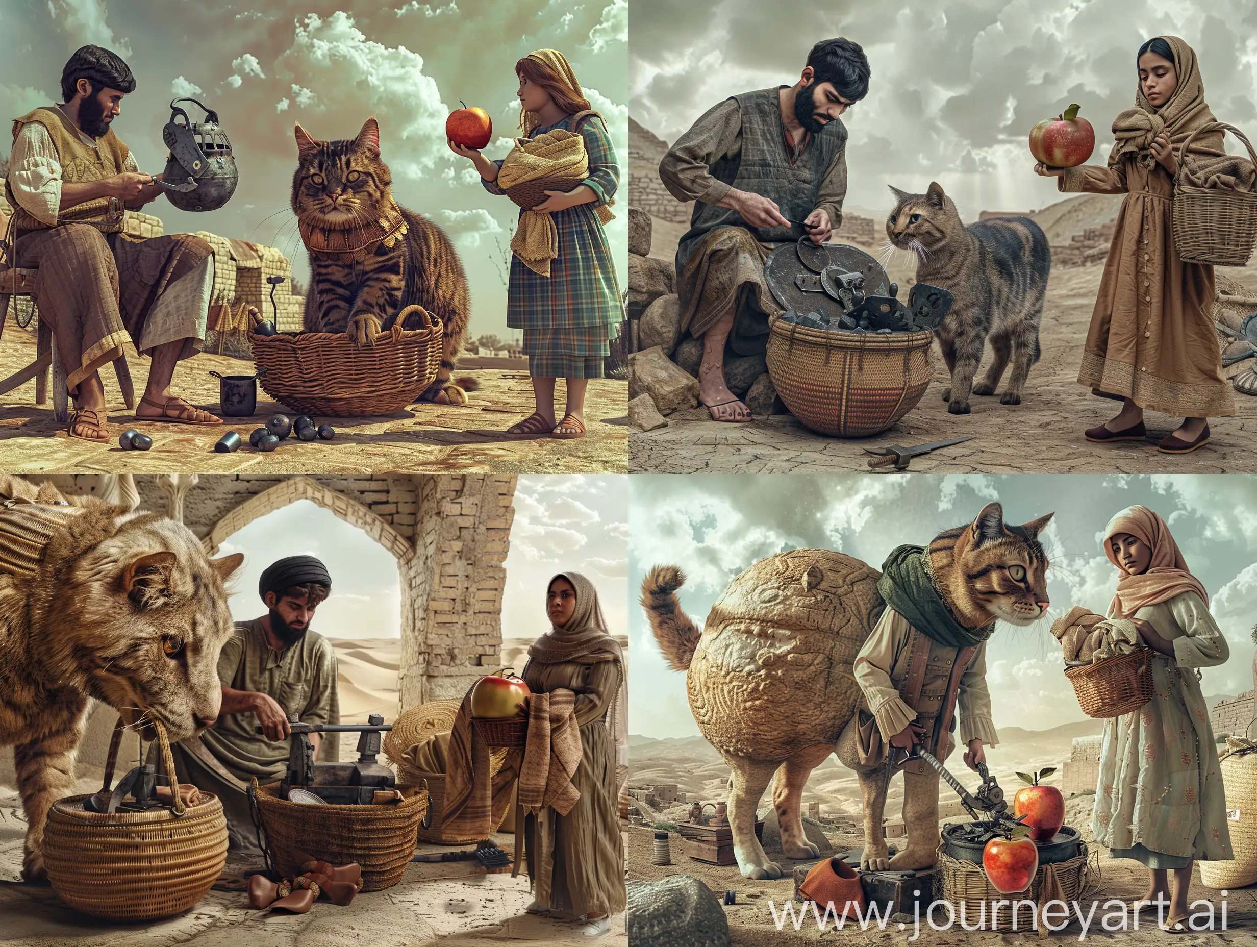 An ancient young persian blacksmith man in the city of Arg Bam, Kerman, is working and making iron shoes and iron armor for a giant horse-sized Persian cat, whose sister is holding two baskets, one full of shawls and the other an giant apple as big as a watermelon, she goes into blacksmithing, realistic photo in an ancient civilization, in a desert, cinematic, epic realism,8K, highly detailed, photograph, glamour lighting, backlit