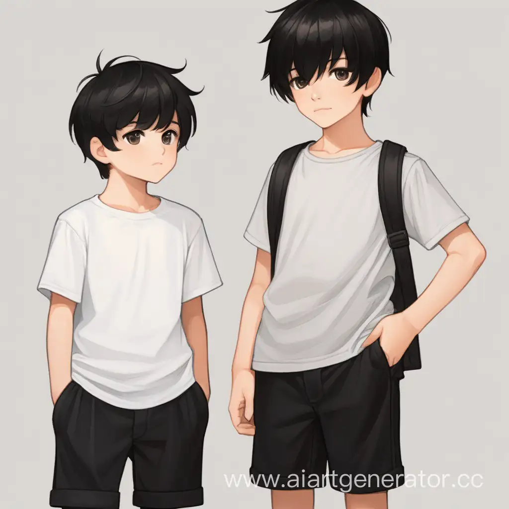1 мальчик, тёмные волосы, белая футболка, чёрные штаны. 2 мальчик, слегка тёмные волосы, чёрная футболка, чёрные шорты.