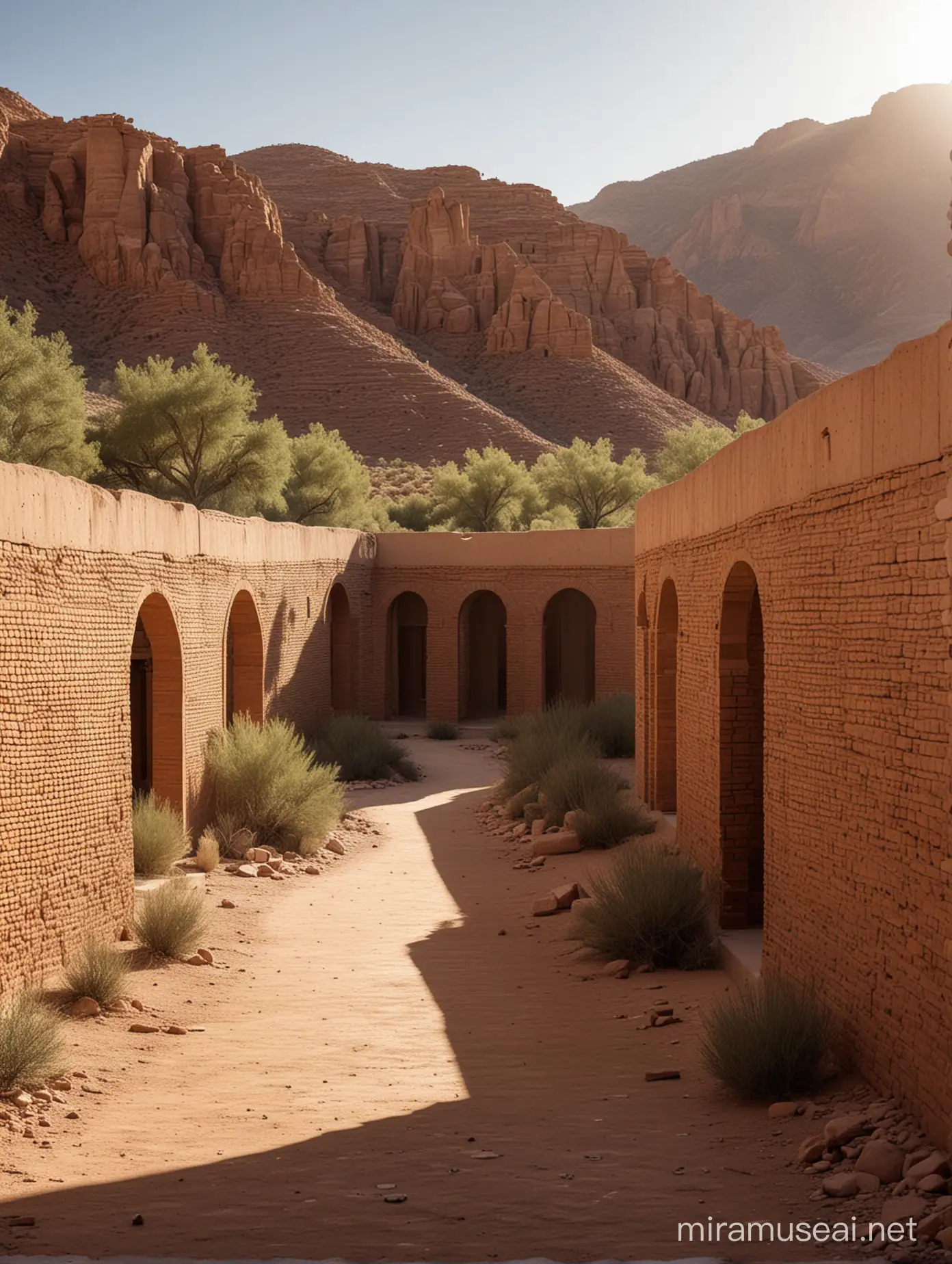 Desert Courtyard Cityscape Countless Cylindrical Buildings Amidst a Sunny Oasis