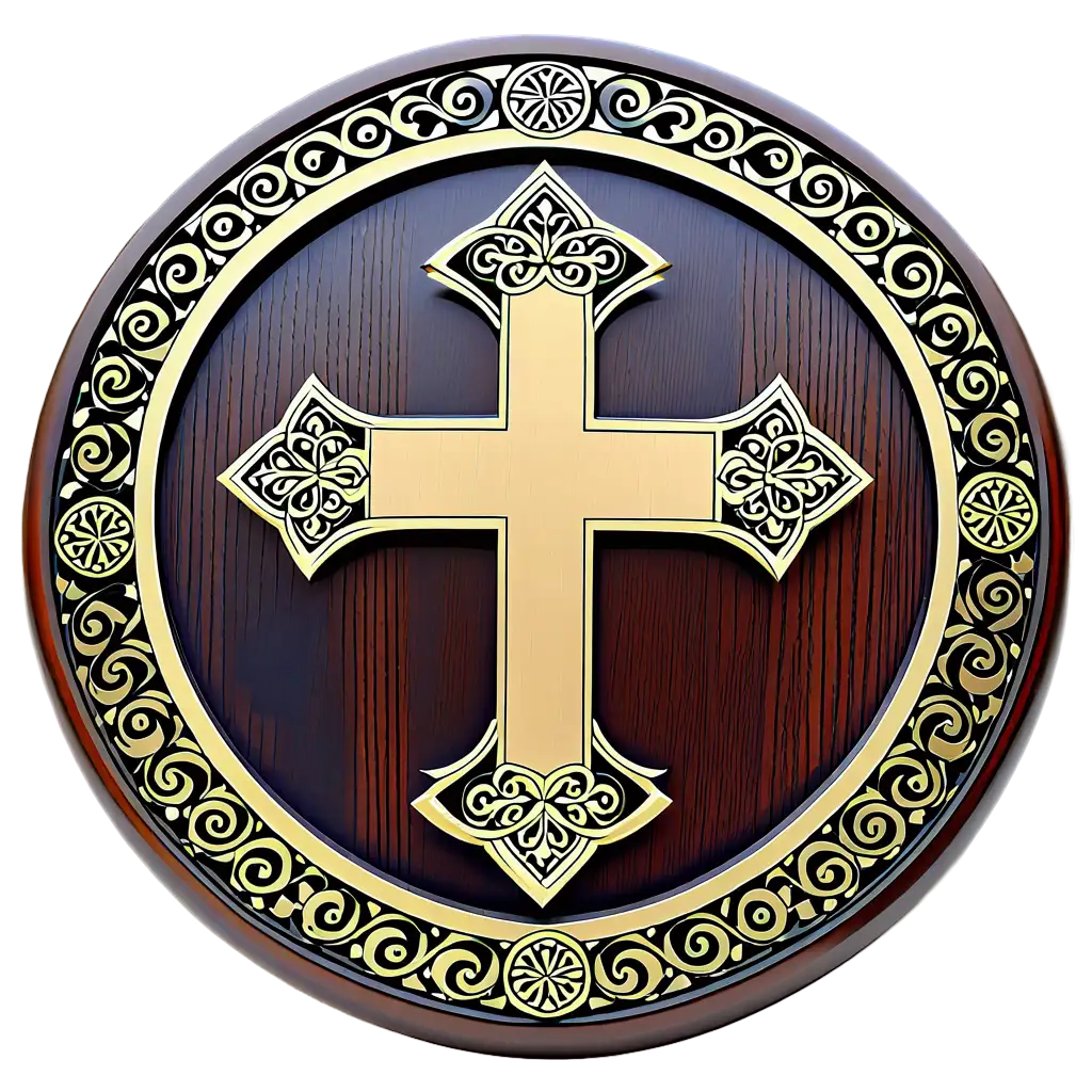 Create a logo of the **Holy Cross Coptic Orthodox Church** located in **San Diego, California**¹. It is a gold-colored cross with intricate designs and patterns,  The central part of the plaque is a circular, smooth, and flat surface surrounded by detailed carvings. - There are two prominent star-shaped carvings at the top and bottom of the circle. - Surrounding these stars are detailed Coptic symbols patterns, including leaves and flowers that appear hand-carved with great precision. - Grapes or berry-like clusters are also visible in the design, adding to the natural theme of the artwork. - The wooden plaque is placed against a rustic wooden background, enhancing its artisanal appearance. surrounded by English and Arabic texts. The Arabic text below the English inscription reads "كنيسة الصليب المقدس الأرثوذكسية", which translates to "Holy Cross Orthodox Church San Diego California".