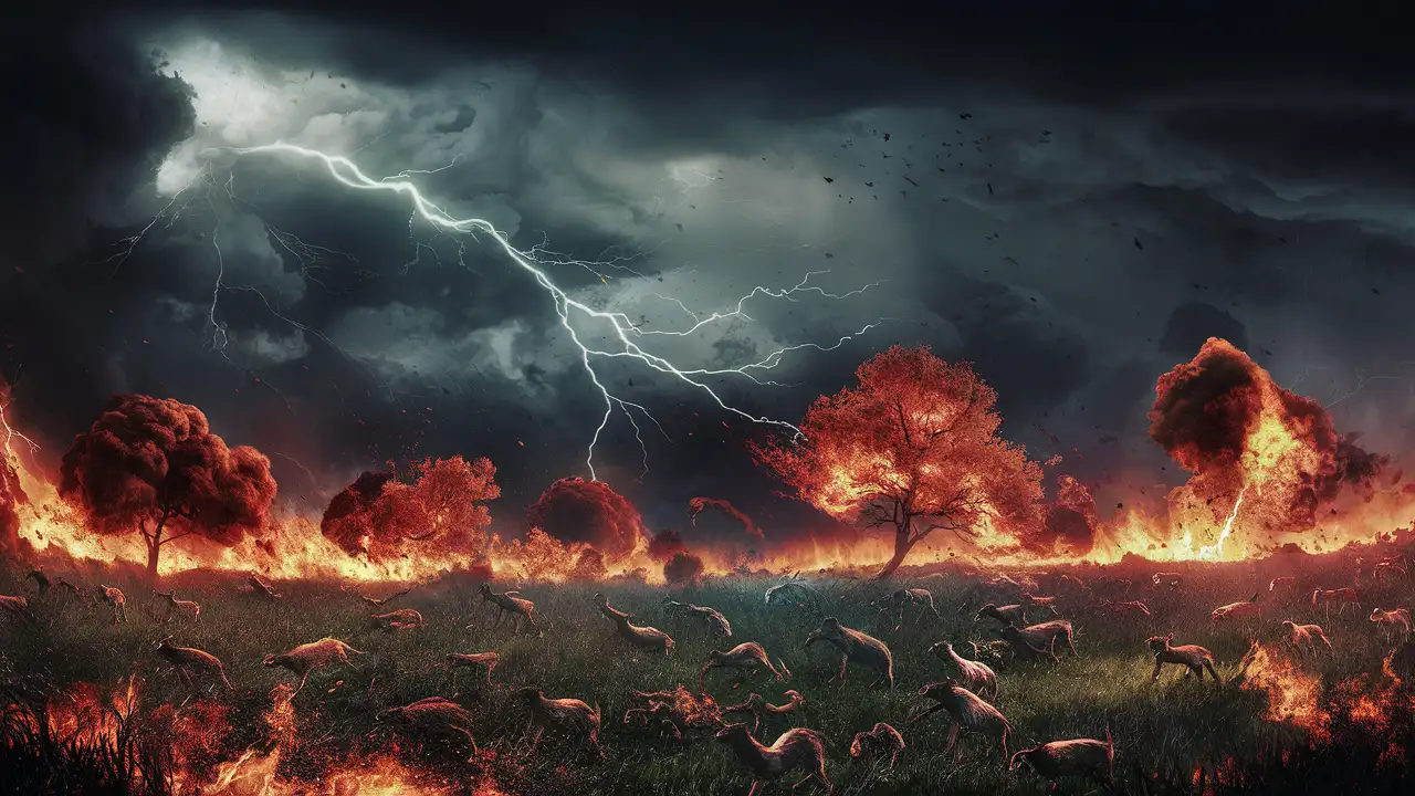Create an intense and chaotic scene of a storm raging across the landscape, with dark clouds swirling ominously overhead and bolts of lightning illuminating the sky. Fire and blood rain down, engulfing trees and grass in flames, while terrified animals flee for safety.