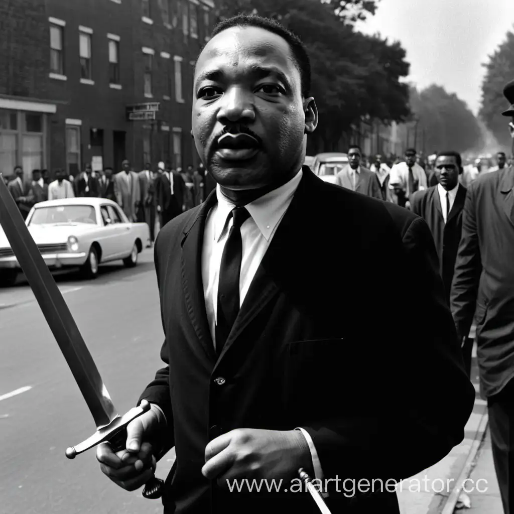 Dr Martin Luther King holding a sword standing in a street.
