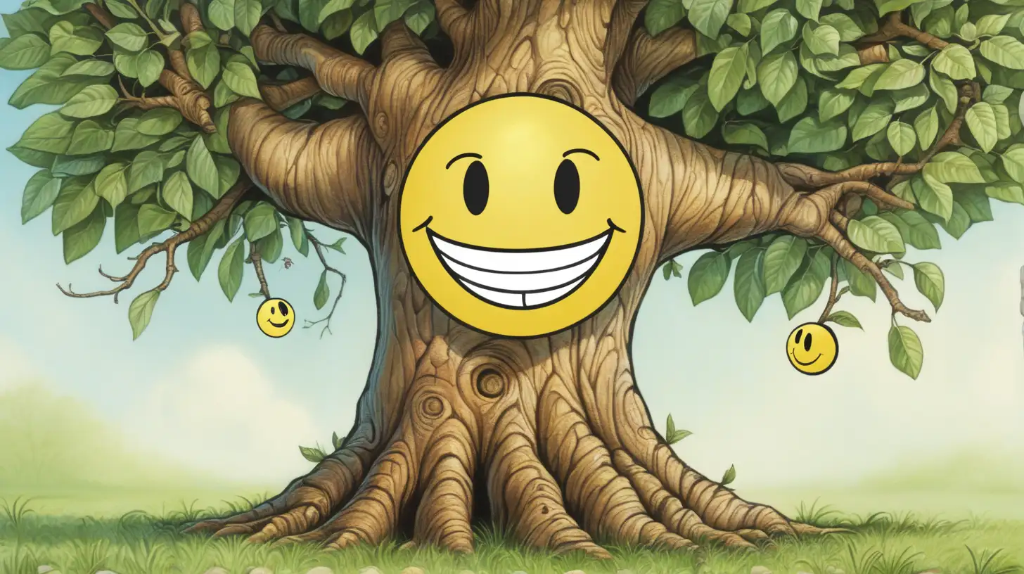 Image: A tree with a smiley face. Description: I am a tree. Look at me, I am happy to be a tree.