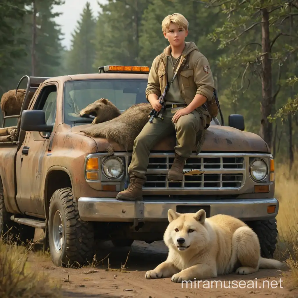 Ein freundlicher, etwas molliger Jäger, mit kurzen blonden haaren der vor seinem Pickup Truck steht. Vor ihm liegt ein erlegtes Wildtier.