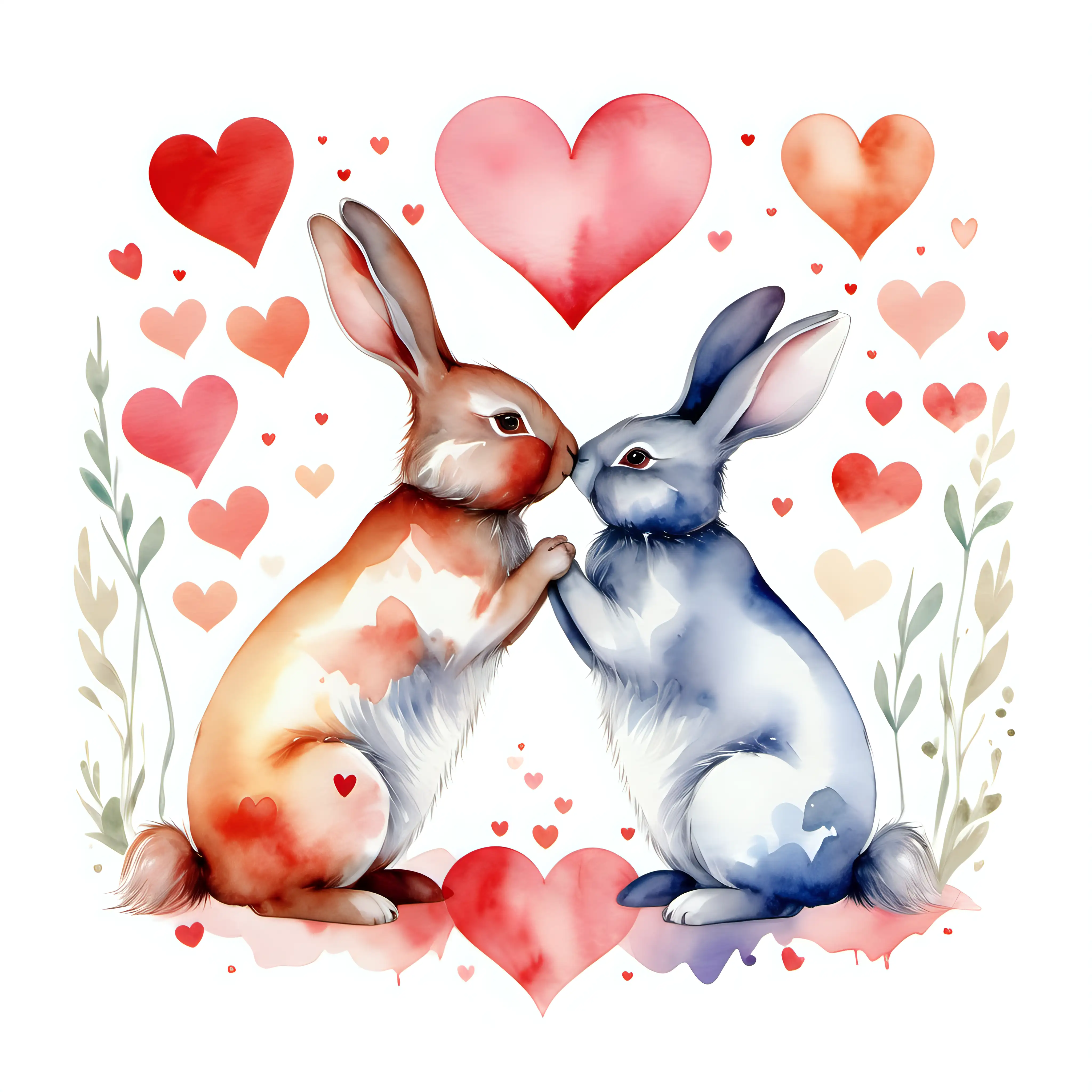 Heartwarming Watercolor Depiction of Rabbits Nuzzling in Love