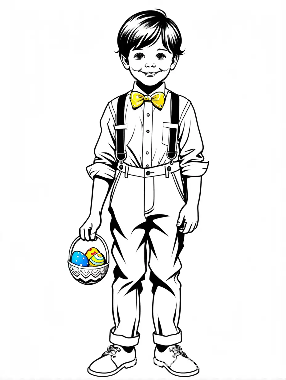 black lines, white background, a beautiful, well dressed, white pants  top and white shoes, and white suspenders, happy little boy holding an Easter egg in his arms. , Coloring Page, black and white, line art, white background, Simplicity, Ample White Space. The background of the coloring page is plain white to make it easy for young children to color within the lines. The outlines of all the subjects are easy to distinguish, making it simple for kids to color without too much difficulty